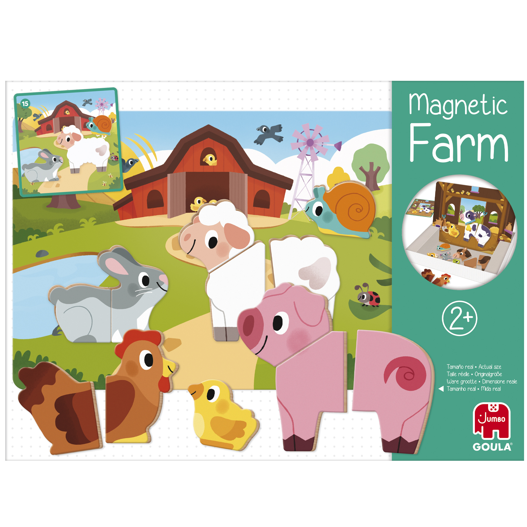 Puzzle magnetyczne ze zwierzętami gospodarskimi i stodołą. Owiec, świń i kurczaków pocięto na kształty.