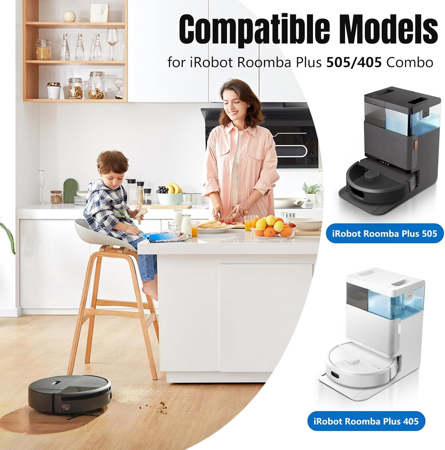 Una donna e un bambino in cucina, due aspirapolvere robot e testo sui modelli compatibili per Roomba Plus 505/405.