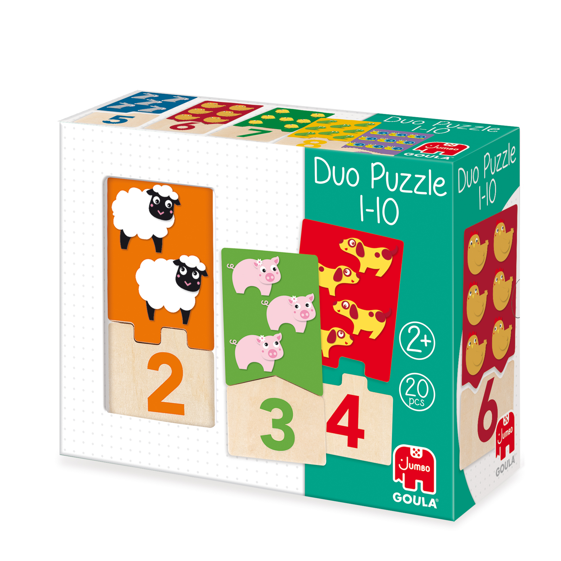 Una caja muestra un juego de rompecabezas dúo con números y pares de animales. Incluye ovejas, cerdos y patos.