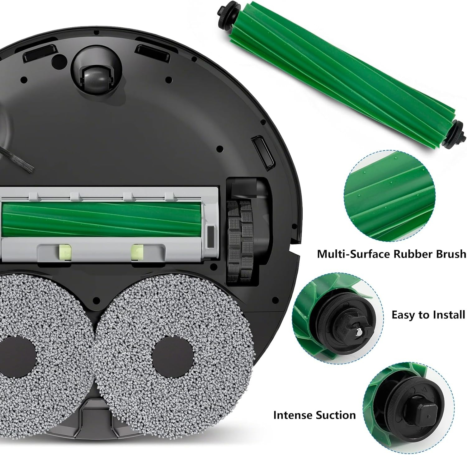 Primo piano di un aspirapolvere robot con spazzola in gomma verde e altri componenti, con etichette e dettagli.