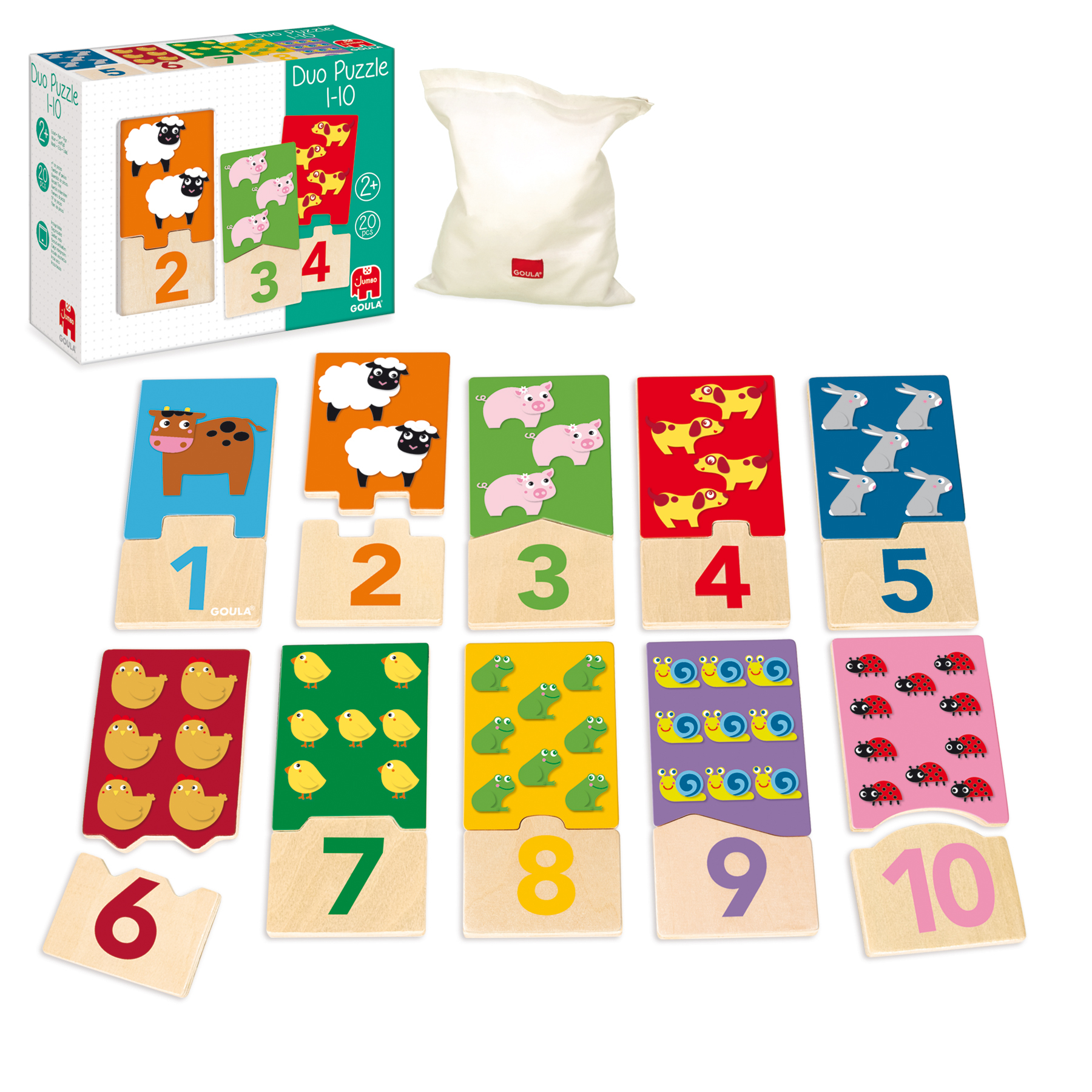 Juego Duo Puzzle 1-10. Se muestran varias piezas de rompecabezas de madera con ilustraciones de animales y números.