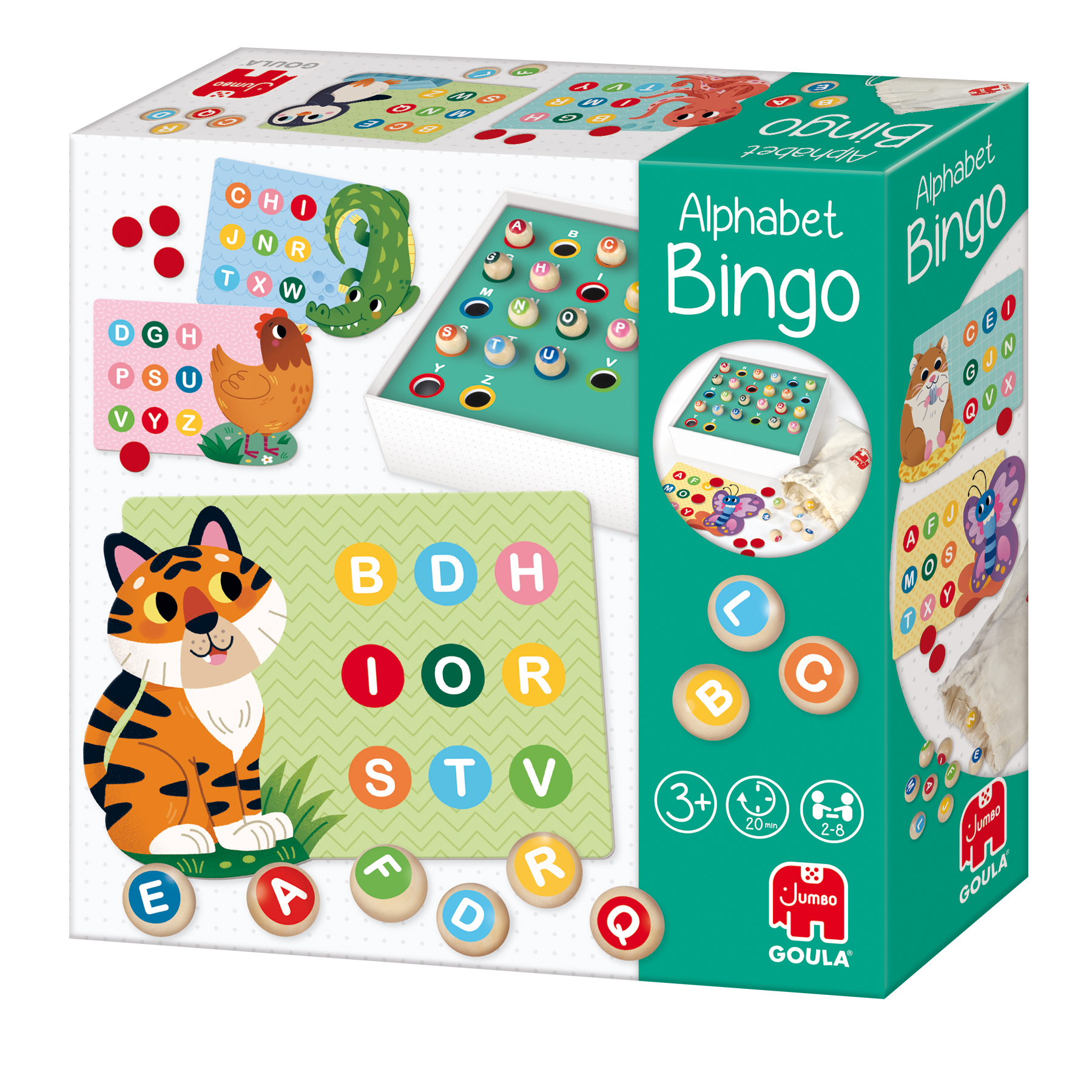 Una caja con el juego de Bingo del Alfabeto. El tigre está en el frente. El juego incluye cartas, letras y un tablero de bingo.