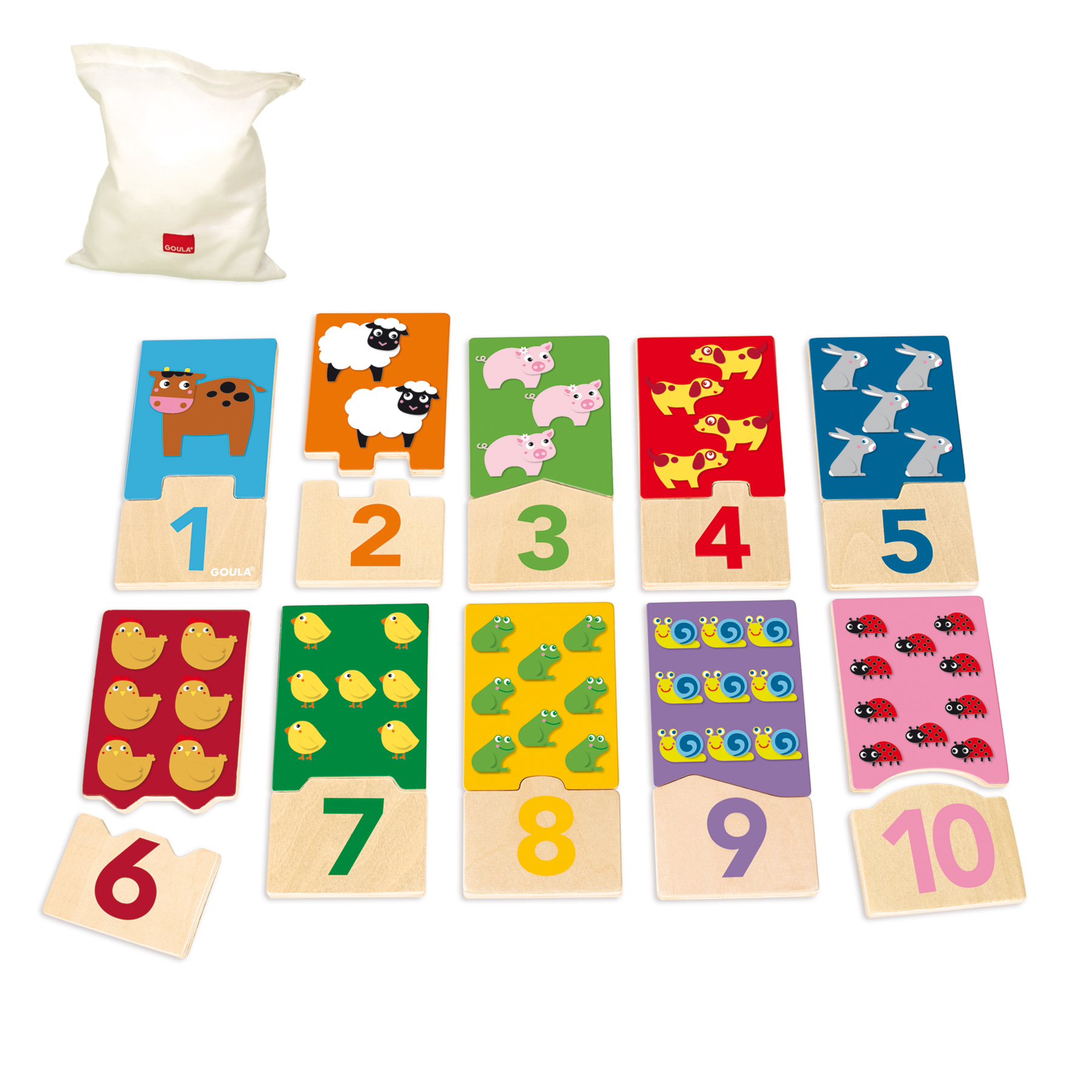 Una colección de rompecabezas con números y pares de animales. Incluyen un caballo, ovejas, cerdos, patos y mariquitas.