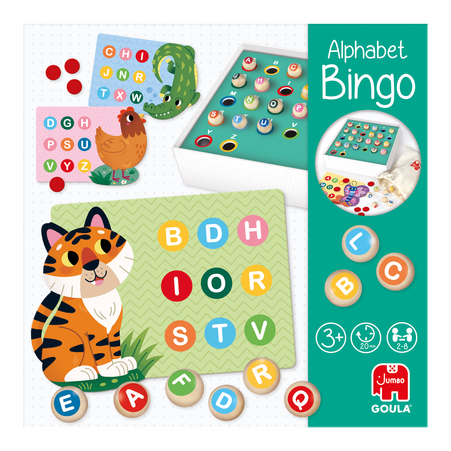 Juego de Bingo de alfabeto con un tigre, tarjetas y fichas con letras. Incluye un pollo, un cocodrilo y un tablero de bingo.