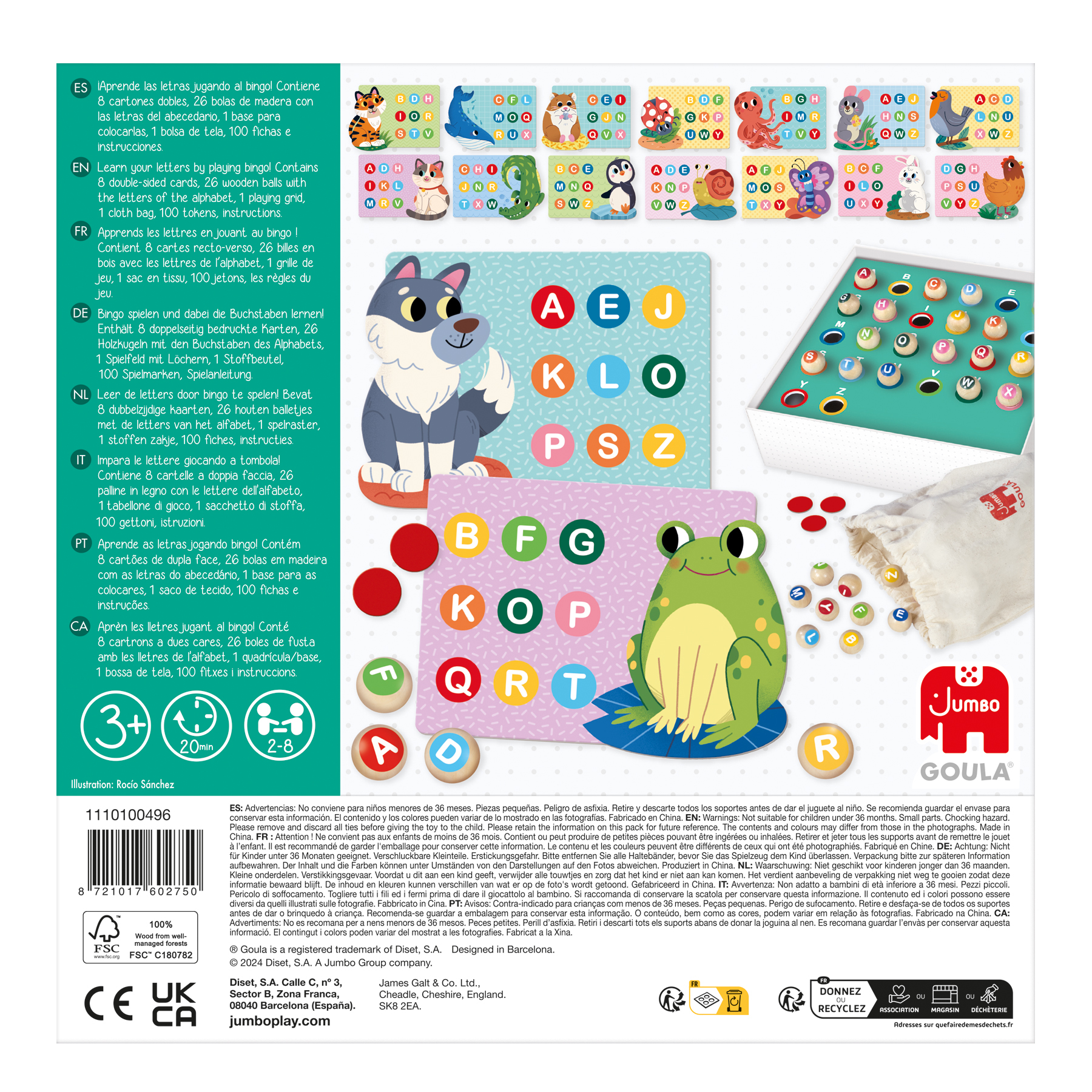 Un juego de mesa con letras e imágenes. Hay cartas, dados y una bolsa. El juego tiene una rana y un perro.
