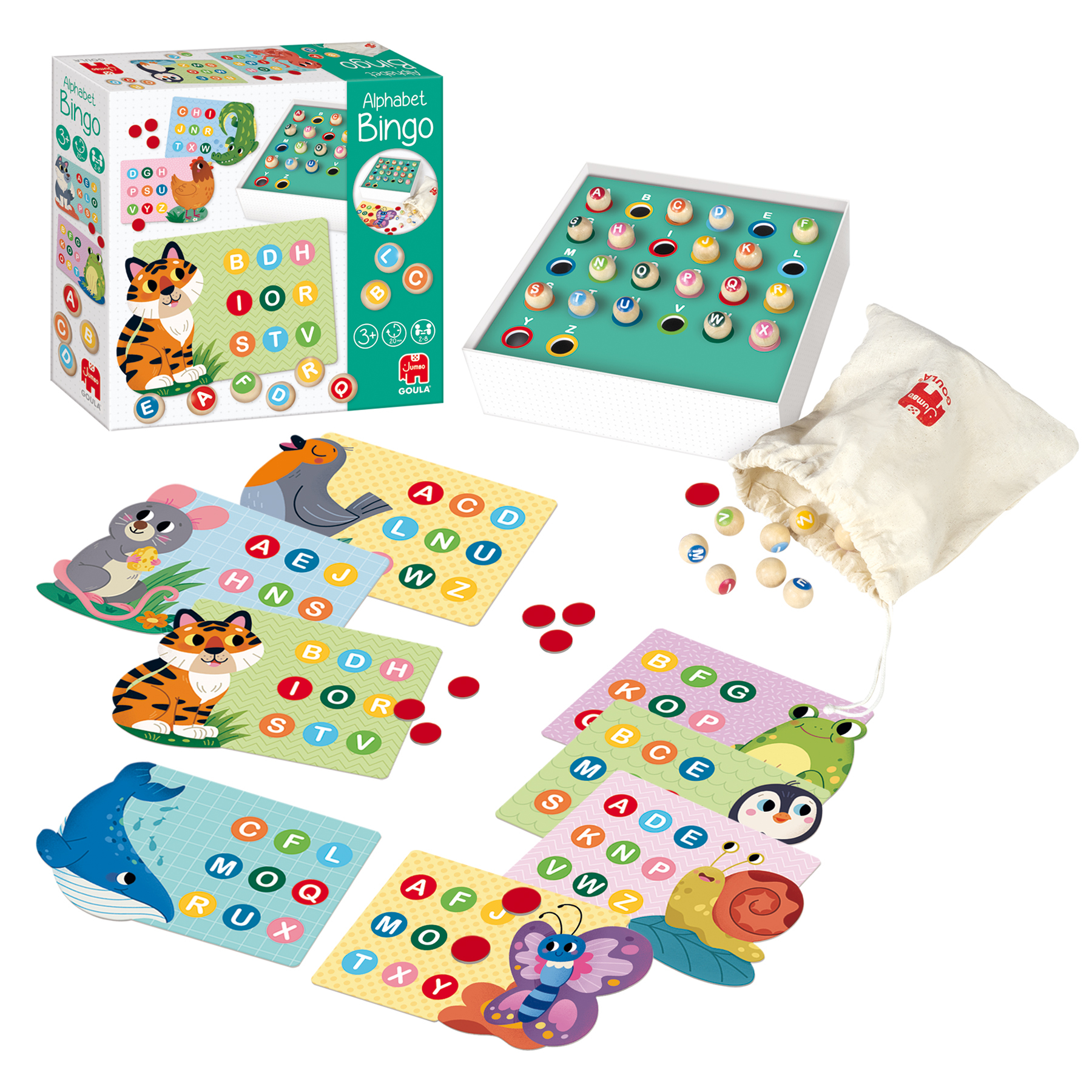 Un juego de bingo de alfabeto. Hay una caja, cartas y una bolsa con piezas de madera. Las cartas tienen imágenes de animales.