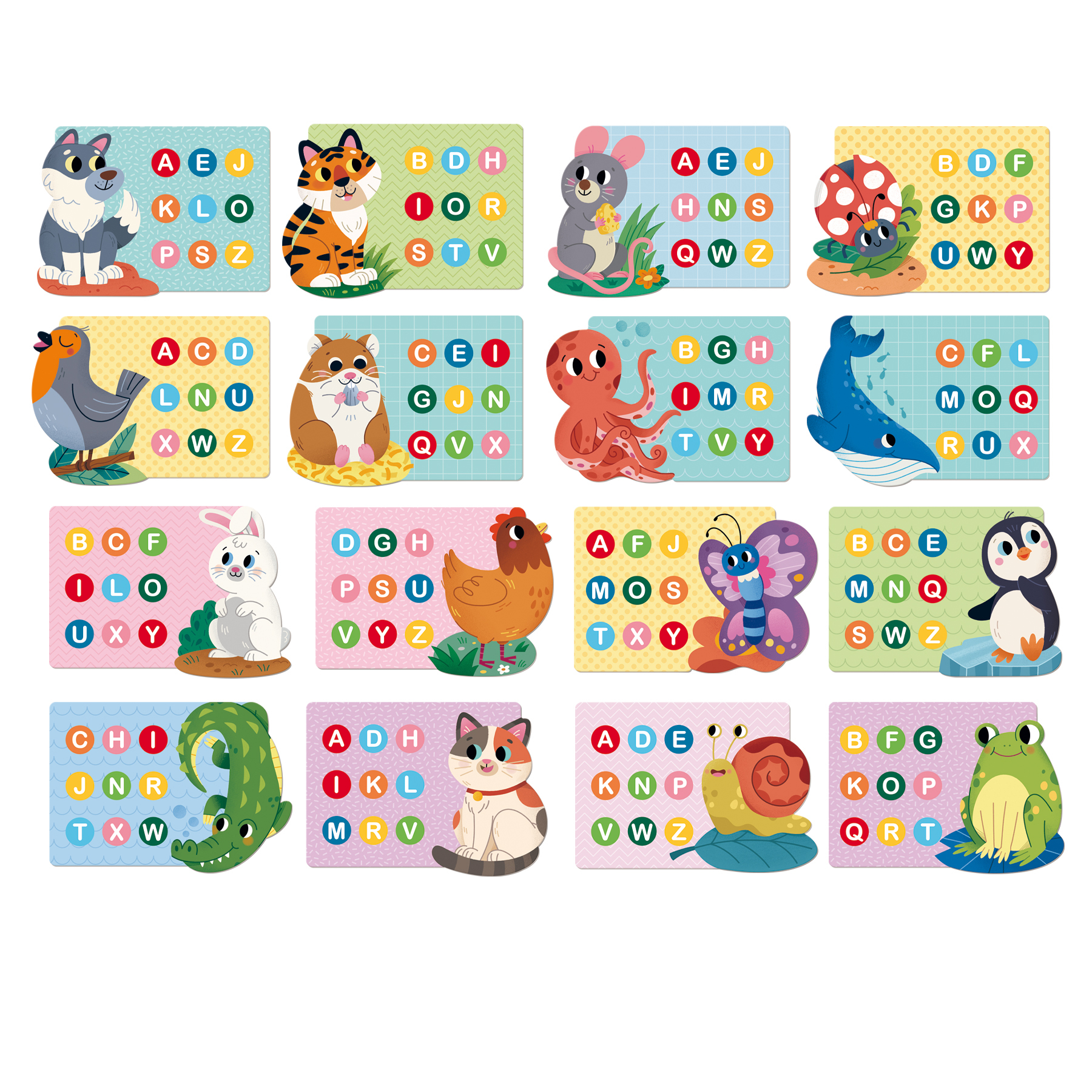 Tarjetas ilustradas con animales y letras. Incluye un perro, un tigre, un ratón, una mariquita, un pájaro, un gato, un pulpo, una ballena, un conejo, etc.