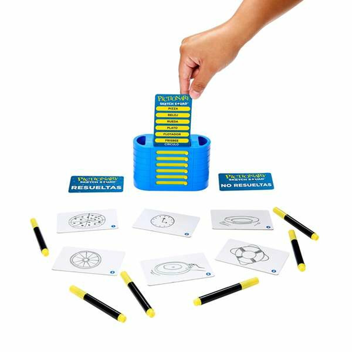 Zestaw gier Pictionary Sketch Squad z kartami, markerami i niebieskim uchwytem na karty na białej powierzchni.