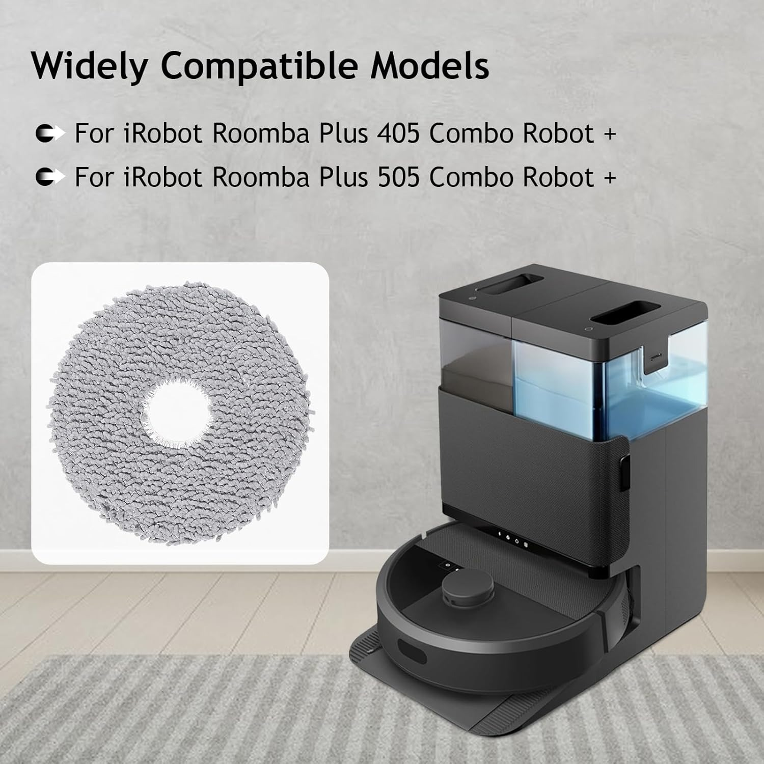 Un tampone in microfibra grigio accanto a un robot aspirapolvere. Il testo dice che sono compatibili con i modelli iRobot Roomba.