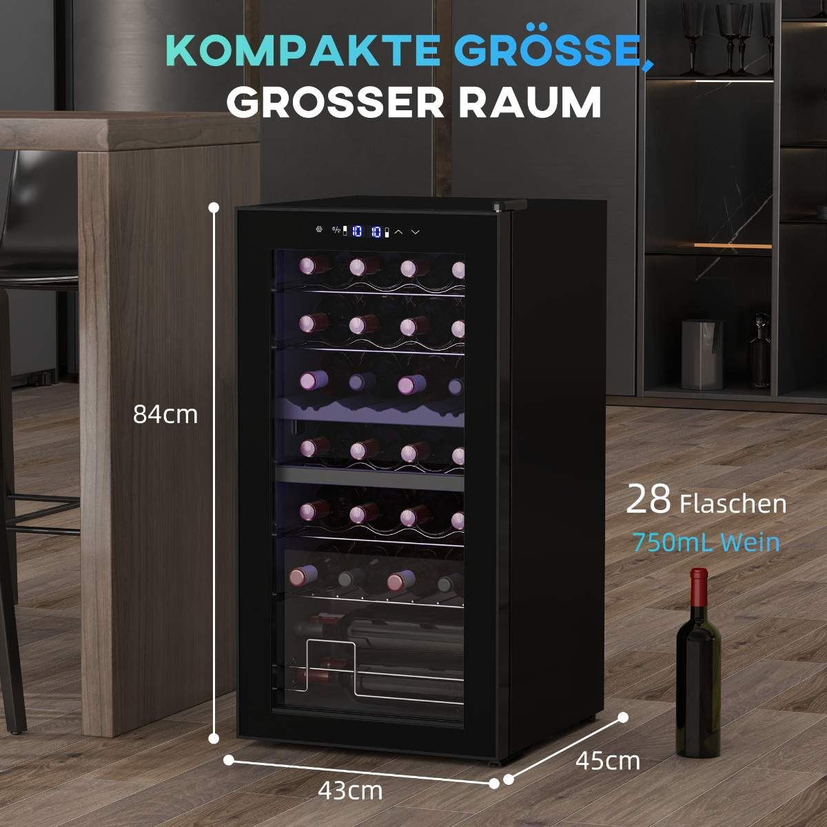 Ein schwarzer Weinkühler mit Weinflaschen darin. Abmessungen: 84 cm hoch, 43 cm breit, 45 cm tief, 28 Flaschen.