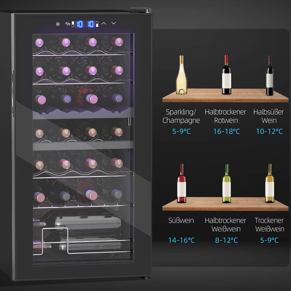 Ein schwarzer Weinkühler mit Flaschen im Inneren und einer Tabelle, die Weinsorten und ideale Temperaturen zeigt.