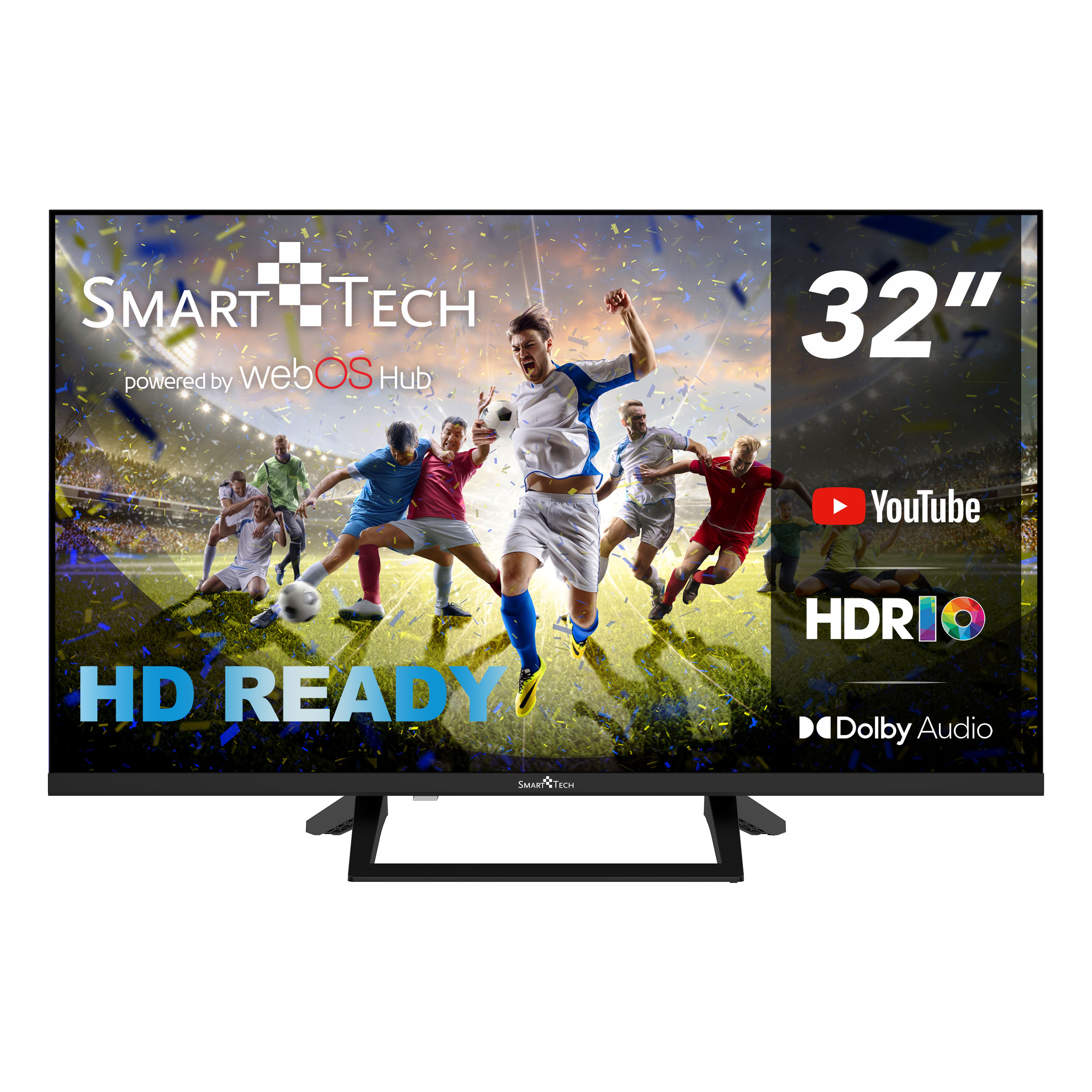 Un televisore Smart Tech 32" HD Ready mostra una partita di calcio, con i loghi di YouTube, HDR e Dolby Audio.