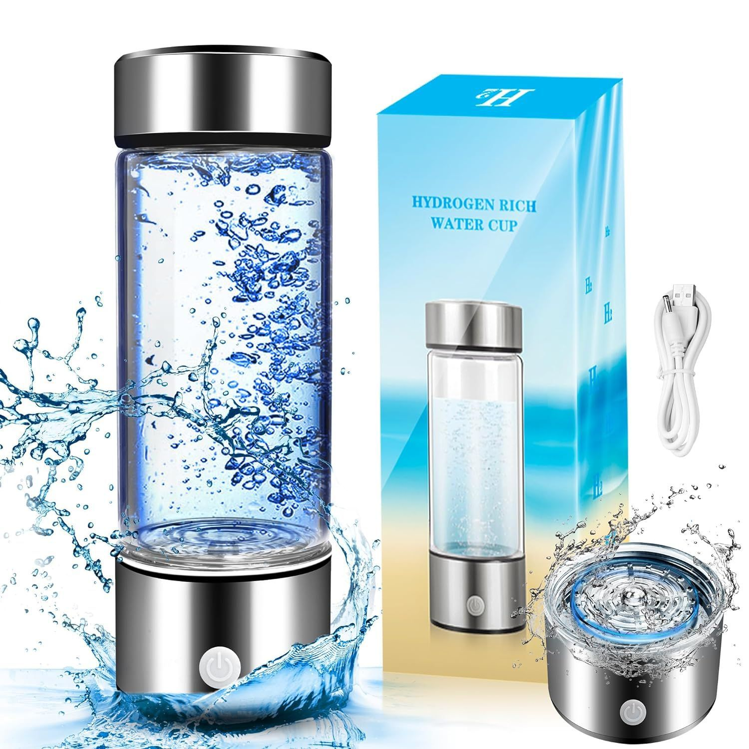 Eine wasserstoffreiche Wasserflasche mit Wasserblasen. Es gibt zusätzliche Artikel, darunter eine Box und ein Ladegerät.
