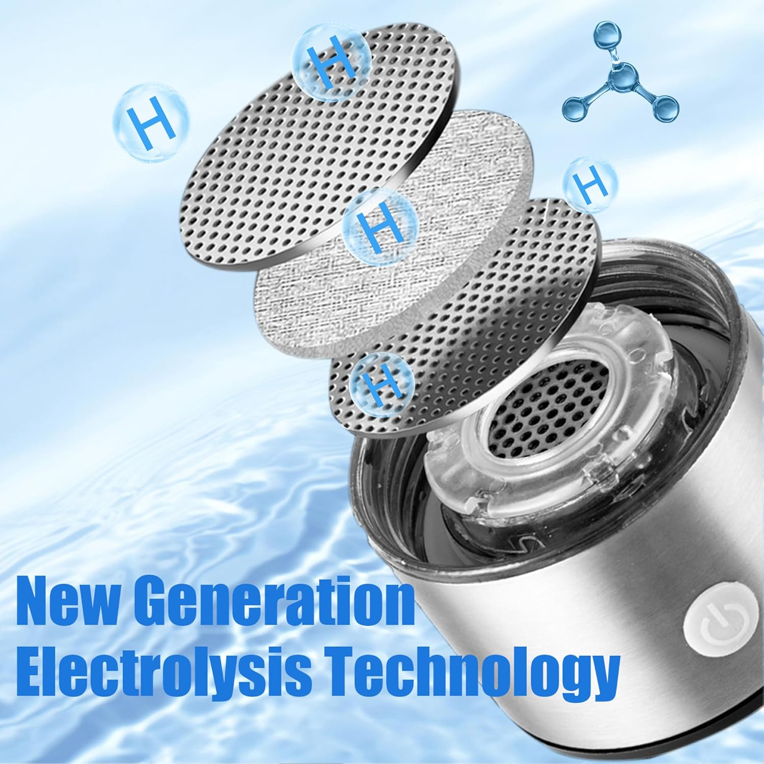 Eine Explosionsansicht der internen Komponenten einer Wasserflasche mit Text über die Elektrolysetechnologie.