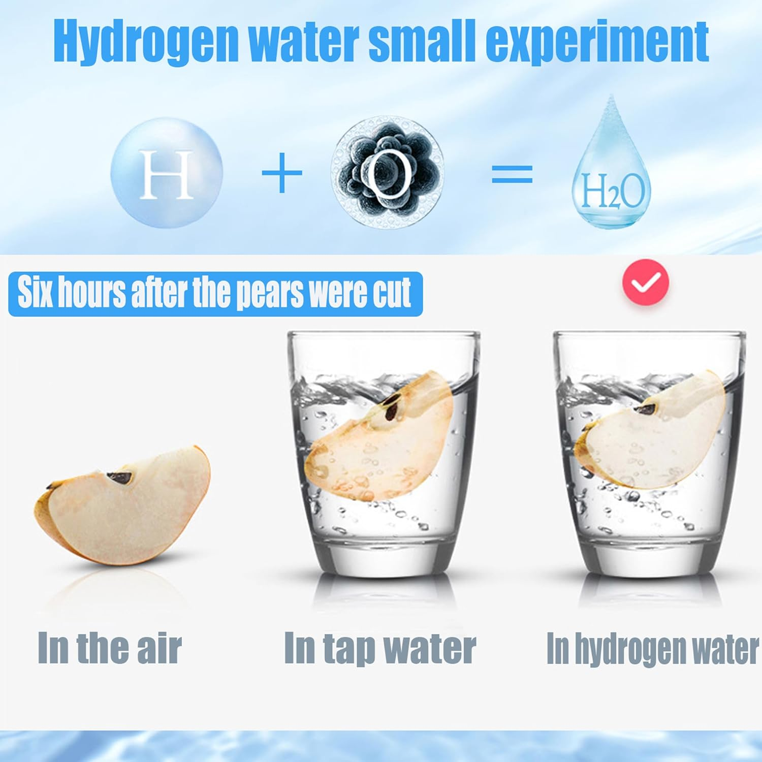 Diagramm, das ein Wasserstoffwasser-Experiment zeigt. Birnen in Luft, Leitungswasser und Wasserstoffwasser. Das Wasserstoffwasser ist am besten.