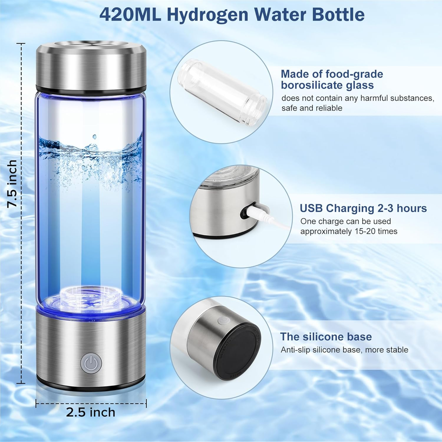 Eine detaillierte Infografik einer Wasserstoffwasserflasche, einschließlich Abmessungen und Schlüsselfunktionen des Produkts.