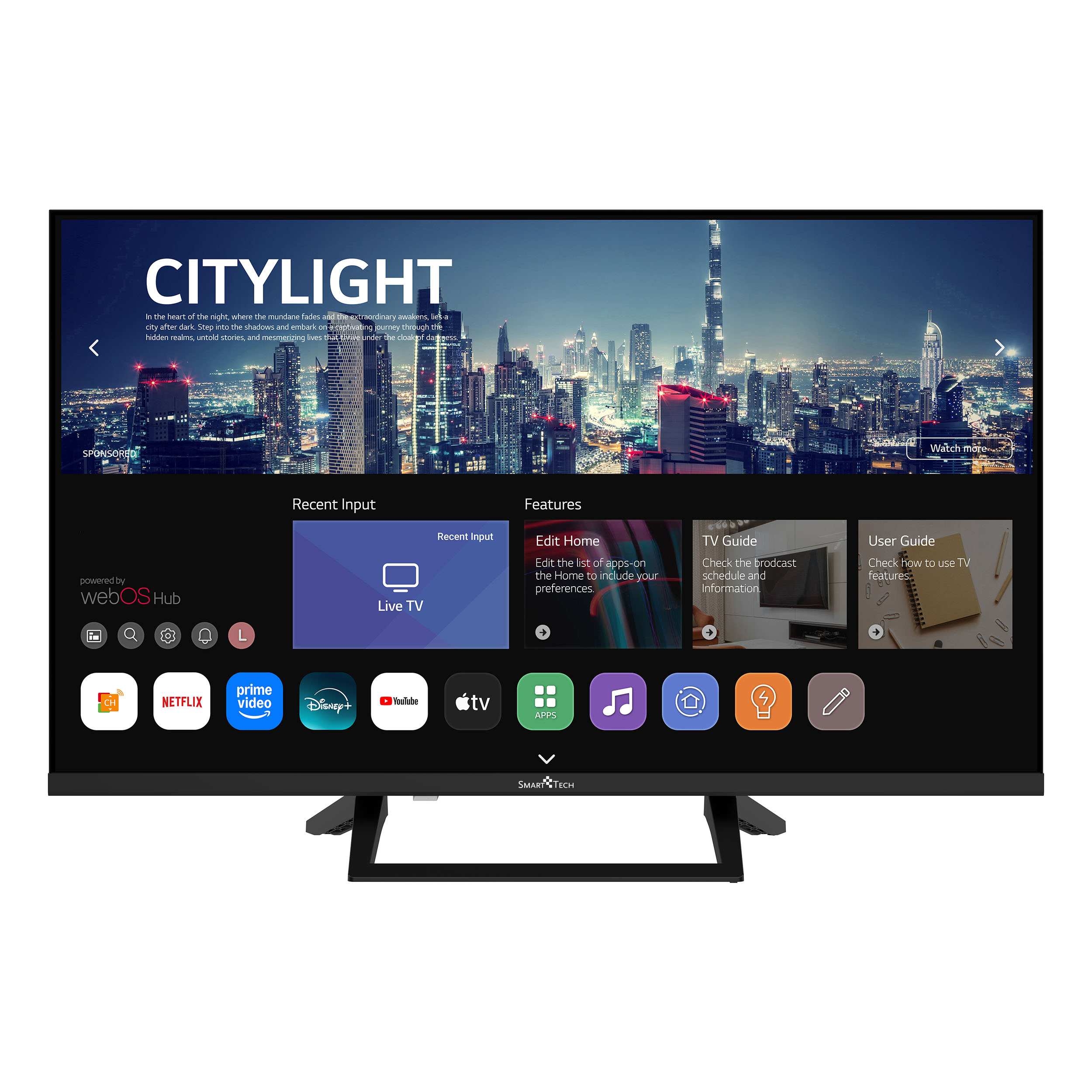Un televisore Smart Tech è su un supporto, che mostra uno skyline della città e l'interfaccia webOS.
