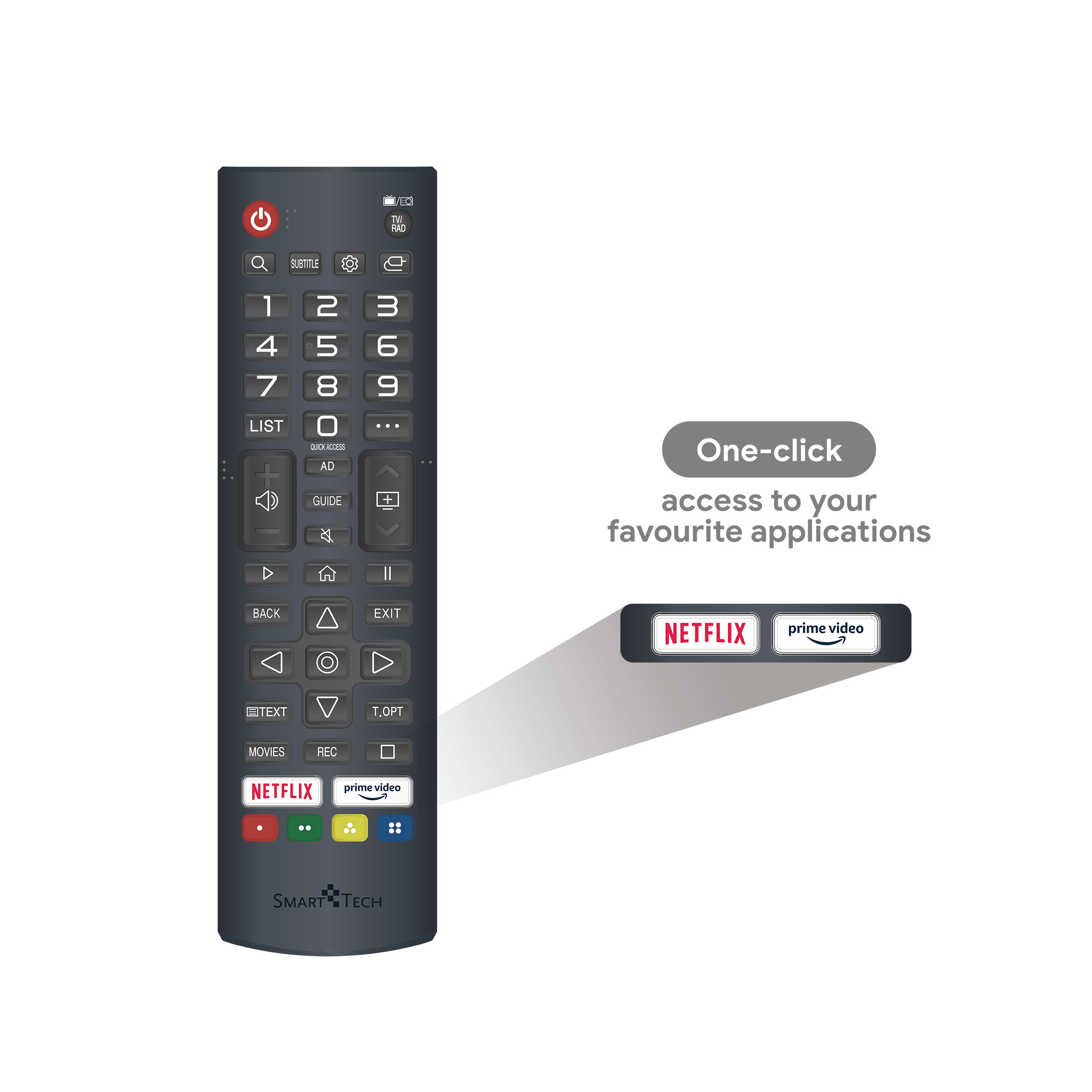 Un telecomando con molti pulsanti, tra cui Netflix e Prime Video, per un Smart Tech TV.