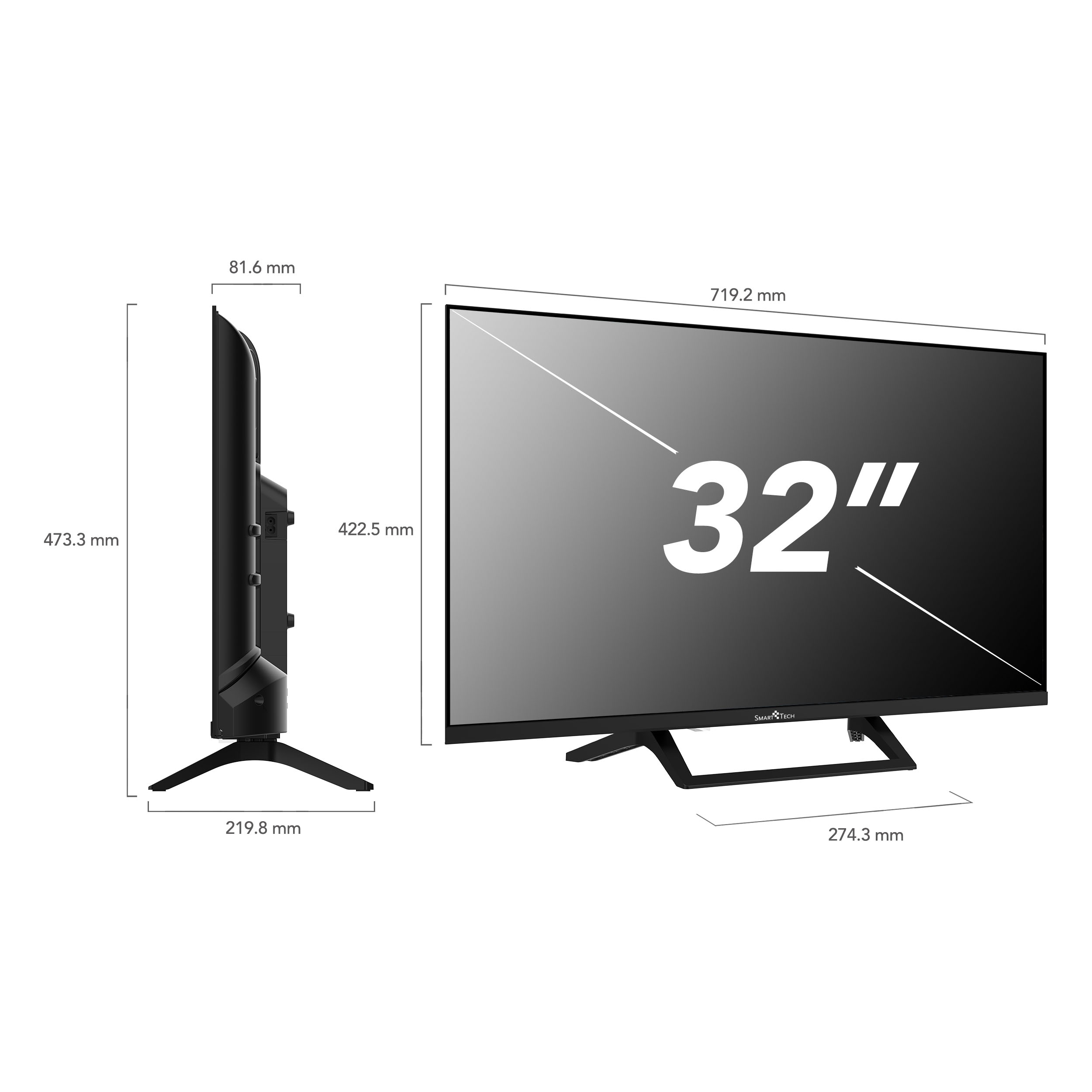 Un televisore Smart Tech 32", che mostra dimensioni e vista laterale, con misure in millimetri.