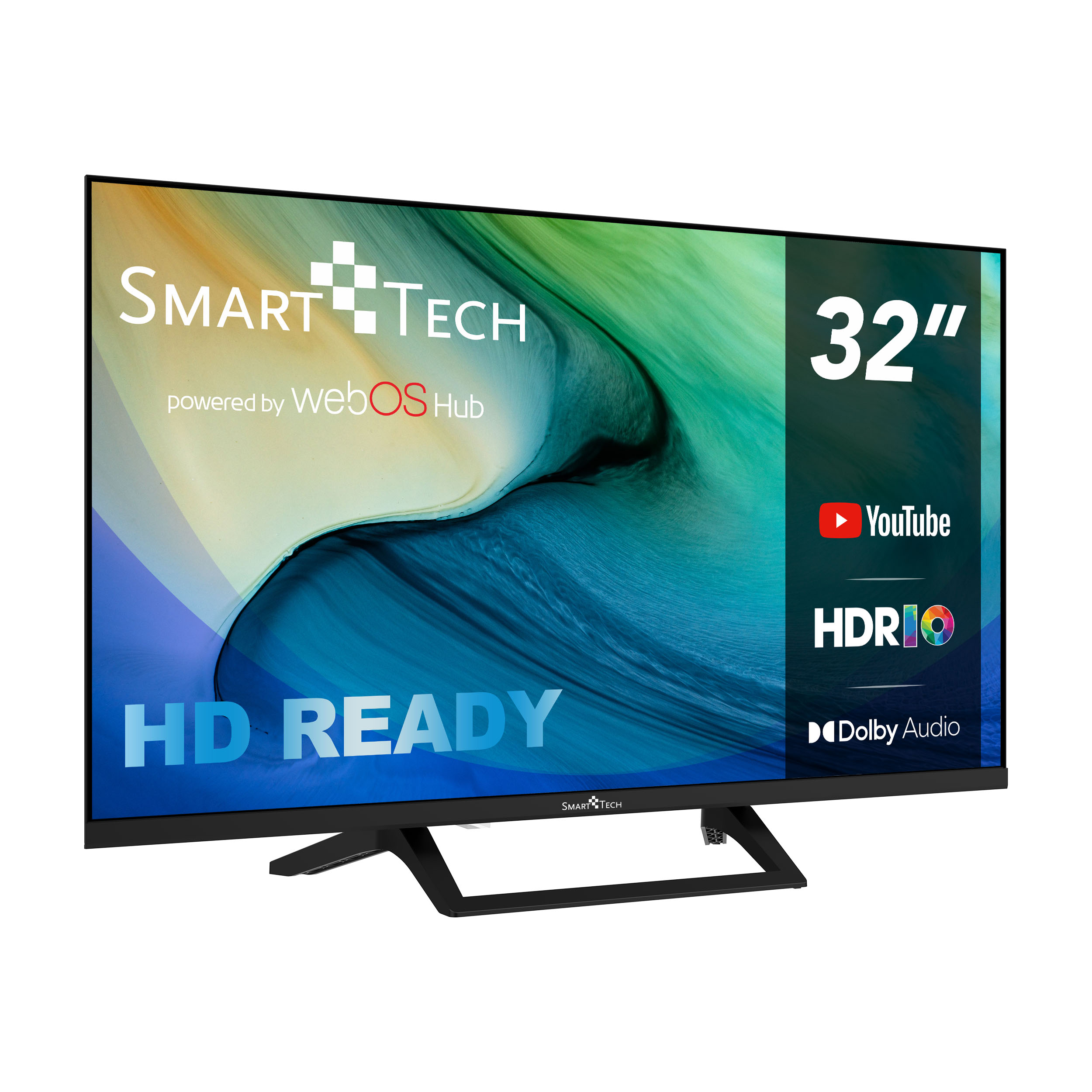 TV Smart Tech HD Ready da 32 pollici con cornice nera, con i loghi YouTube e HDR.