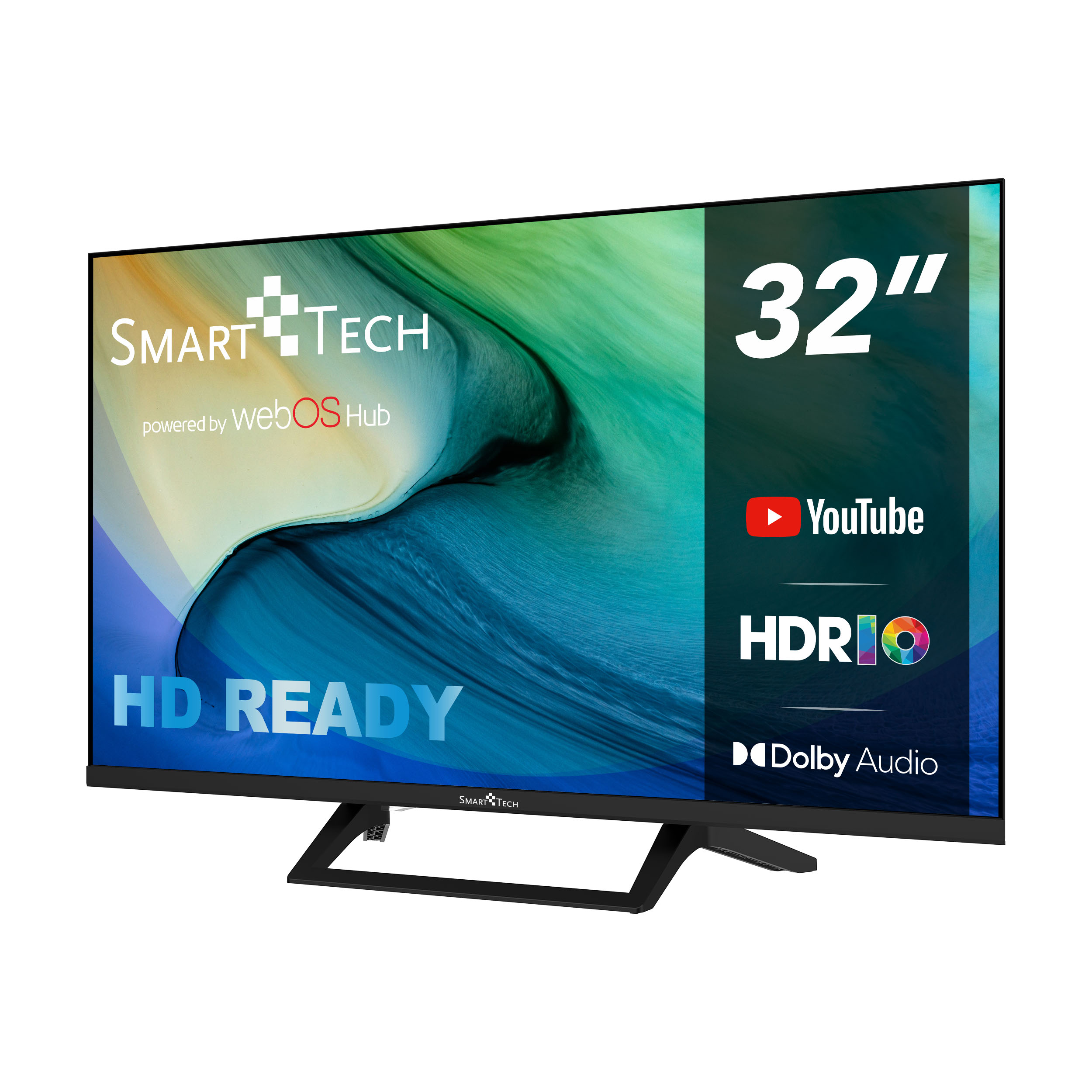 Un televisore Smart Tech da 32 pollici è in mostra. Ha una cornice nera e lo schermo visualizza HD READY e altre icone.