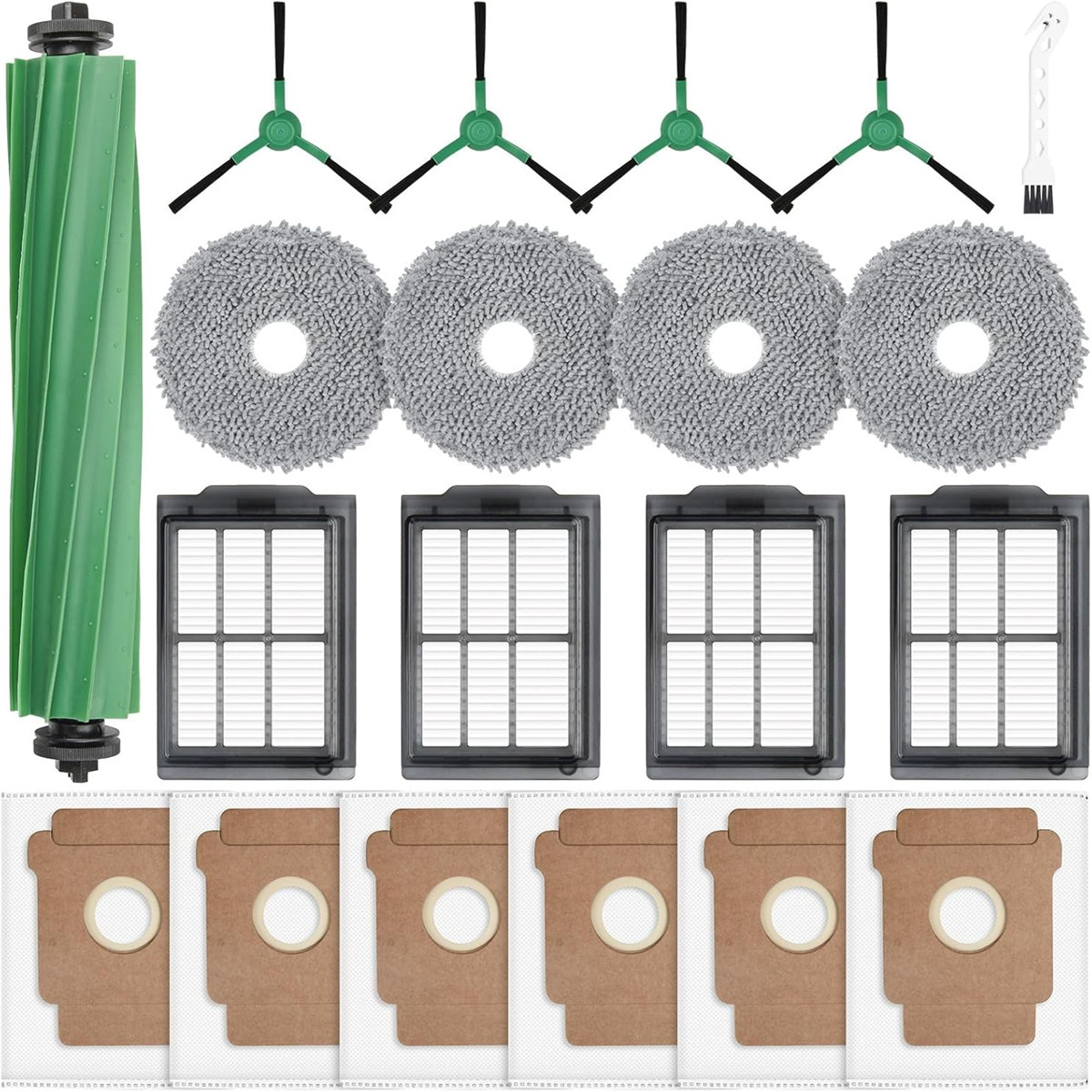 Assortimento di parti per aspirapolvere: rullo verde, spazzole, filtri e sacchetti su sfondo bianco.