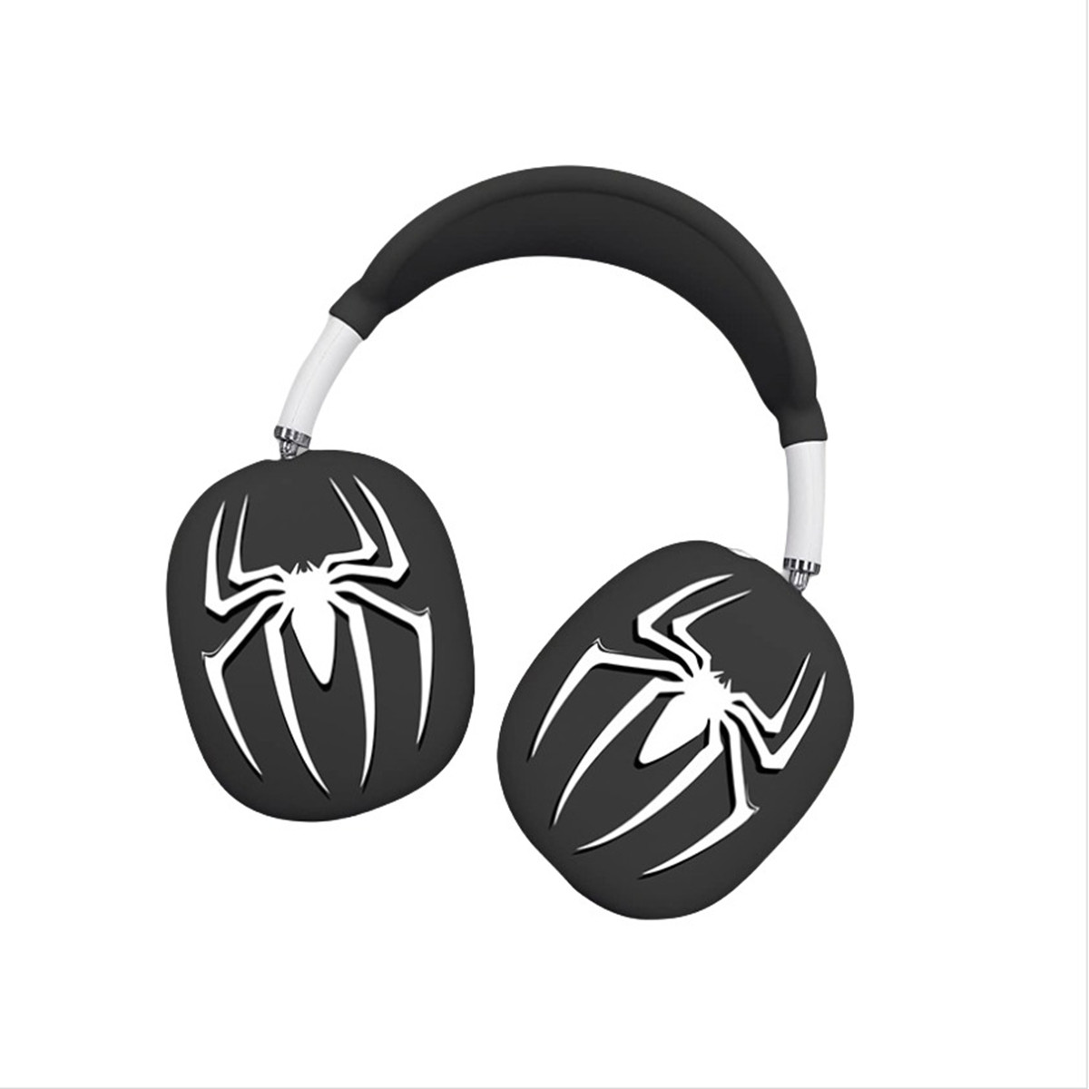 Auriculares negros con el logo de Spider-Man, acentos blancos, sobre fondo blanco.