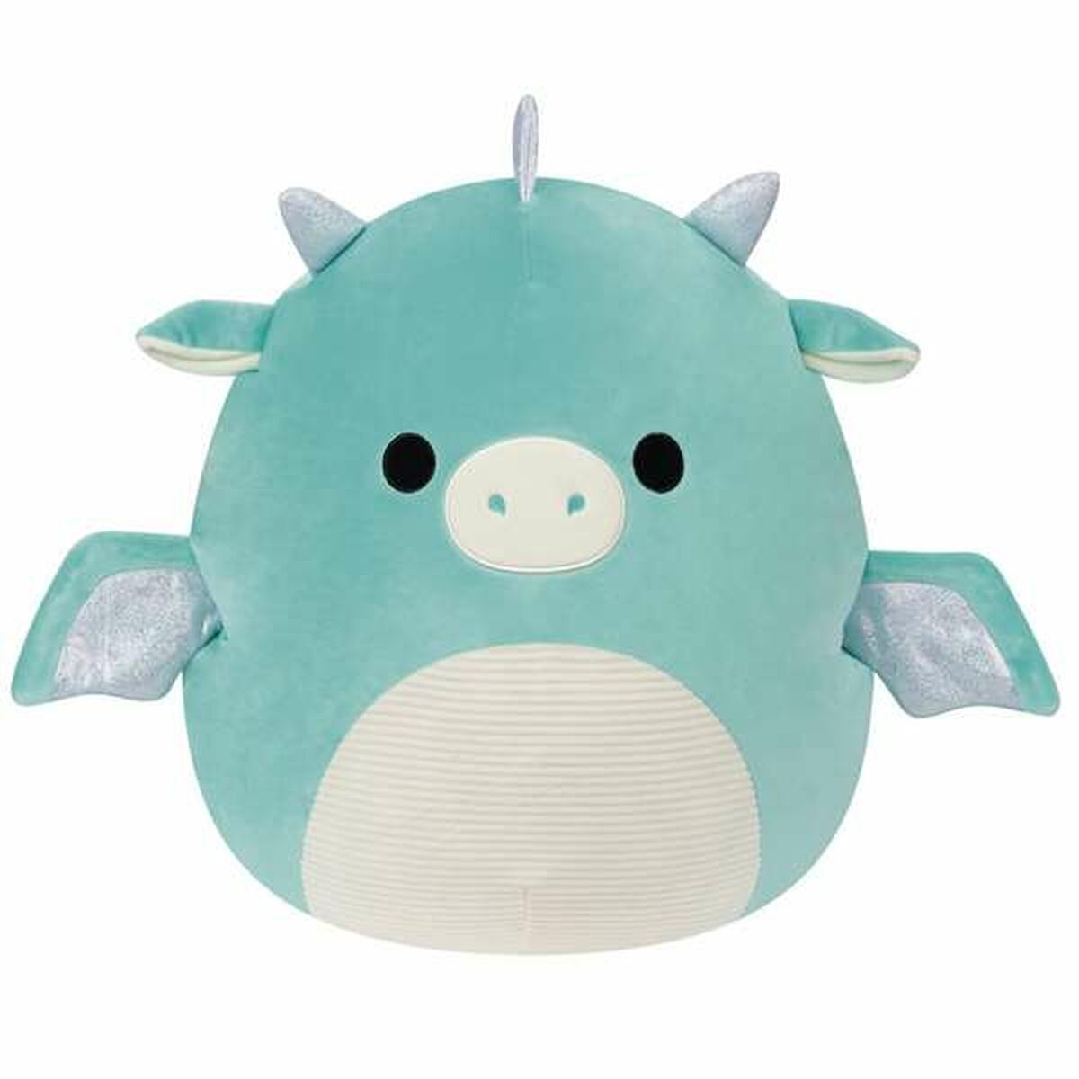 Ein hellblaues Drachen-Plüschtier mit silbernen Flügeln und Hörnern.