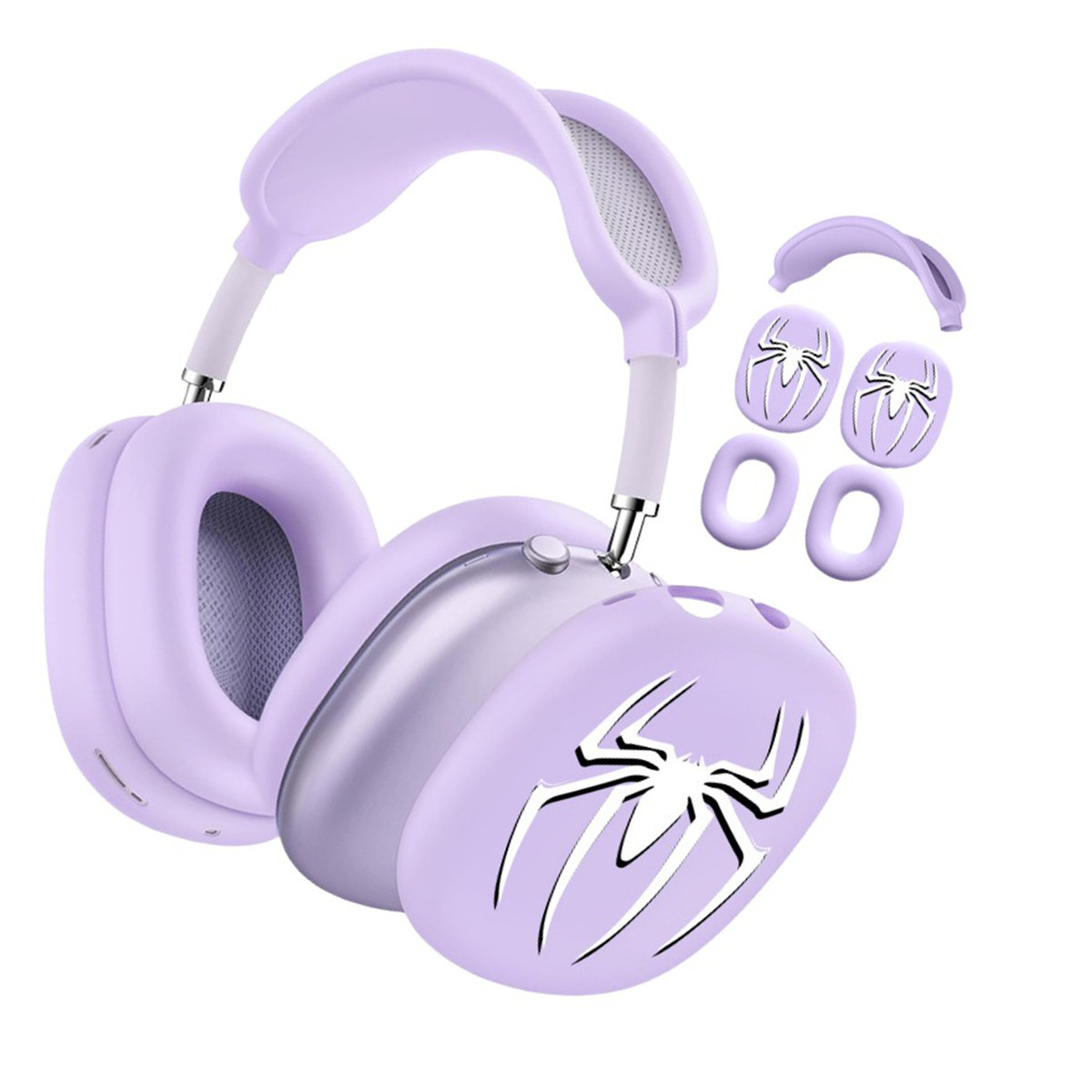 Lila Kopfhörer mit Spider-Man-Logos auf den Ohrmuscheln und Zubehör. Es ist auf weißem Hintergrund.