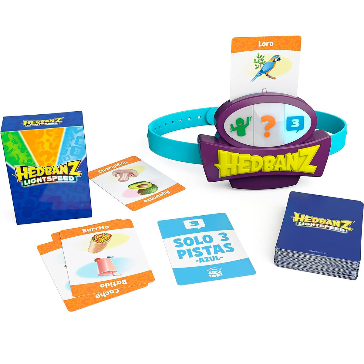 Un juego de mesa llamado Hedbanz Lightspeed con cartas y una diadema. Incluye cartas con imágenes y texto.