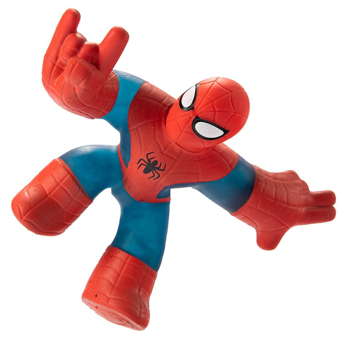 Un juguete de Spider-Man rojo y azul en una pose dinámica, con una mano formando un gesto de rock and roll.