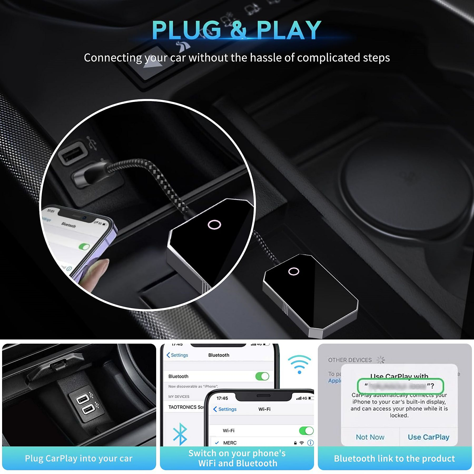 Ein Bild, das die Einrichtung eines drahtlosen CarPlay/Android Auto-Adapters in der Konsole eines Autos zeigt.