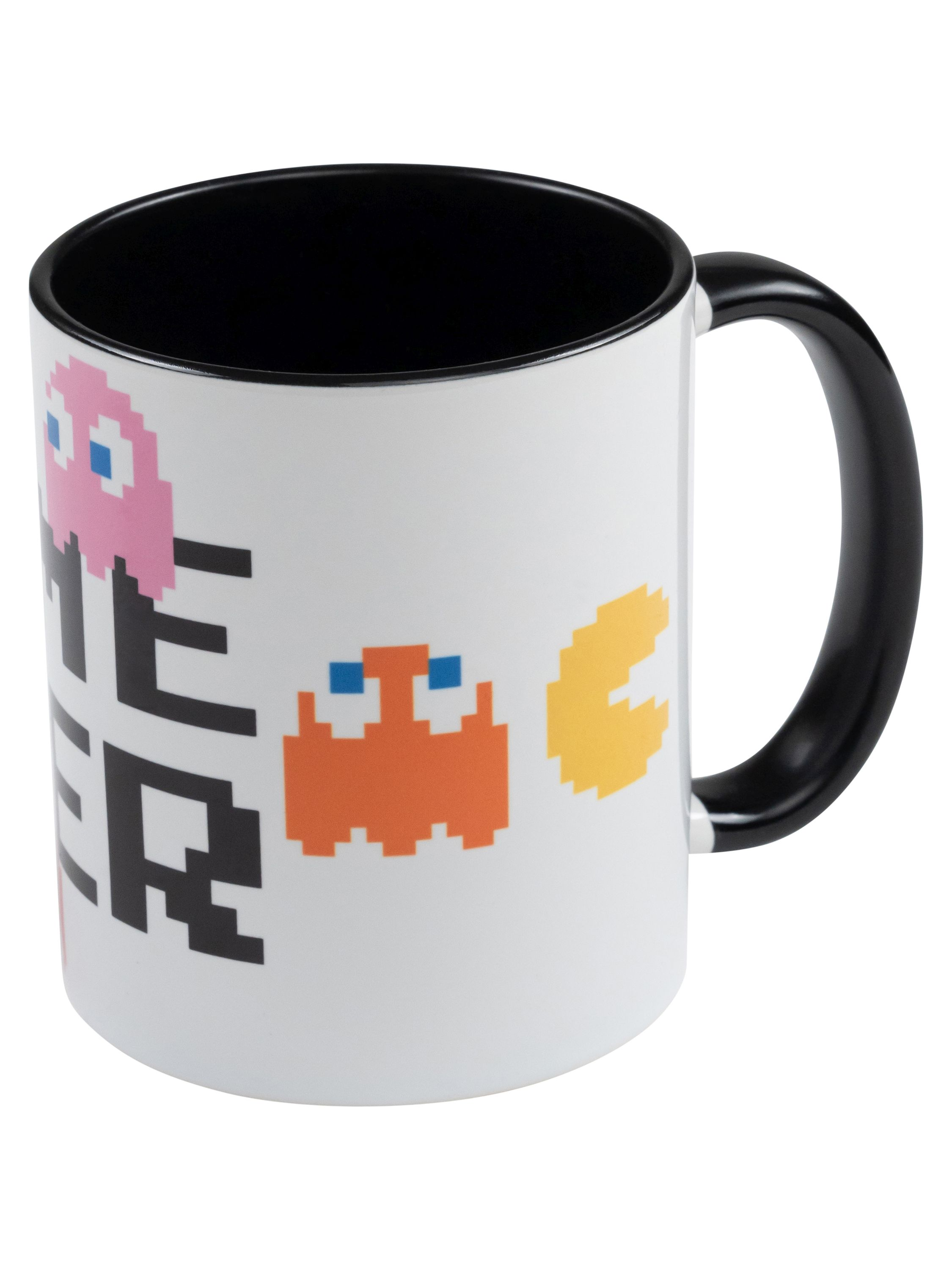 Weiße Tasse mit Pac-Man-Figuren. Der Text lautet GAME OVER.