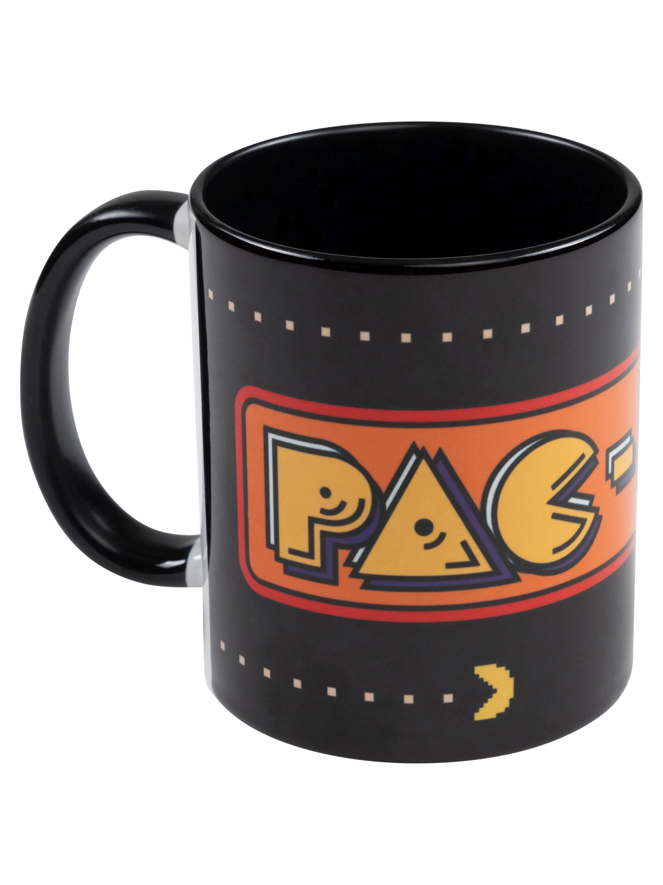 Schwarze Pac-Man-Tasse mit Pac-Man-Logo und dem Wort PAC-MAN in Orange auf schwarzem Hintergrund.