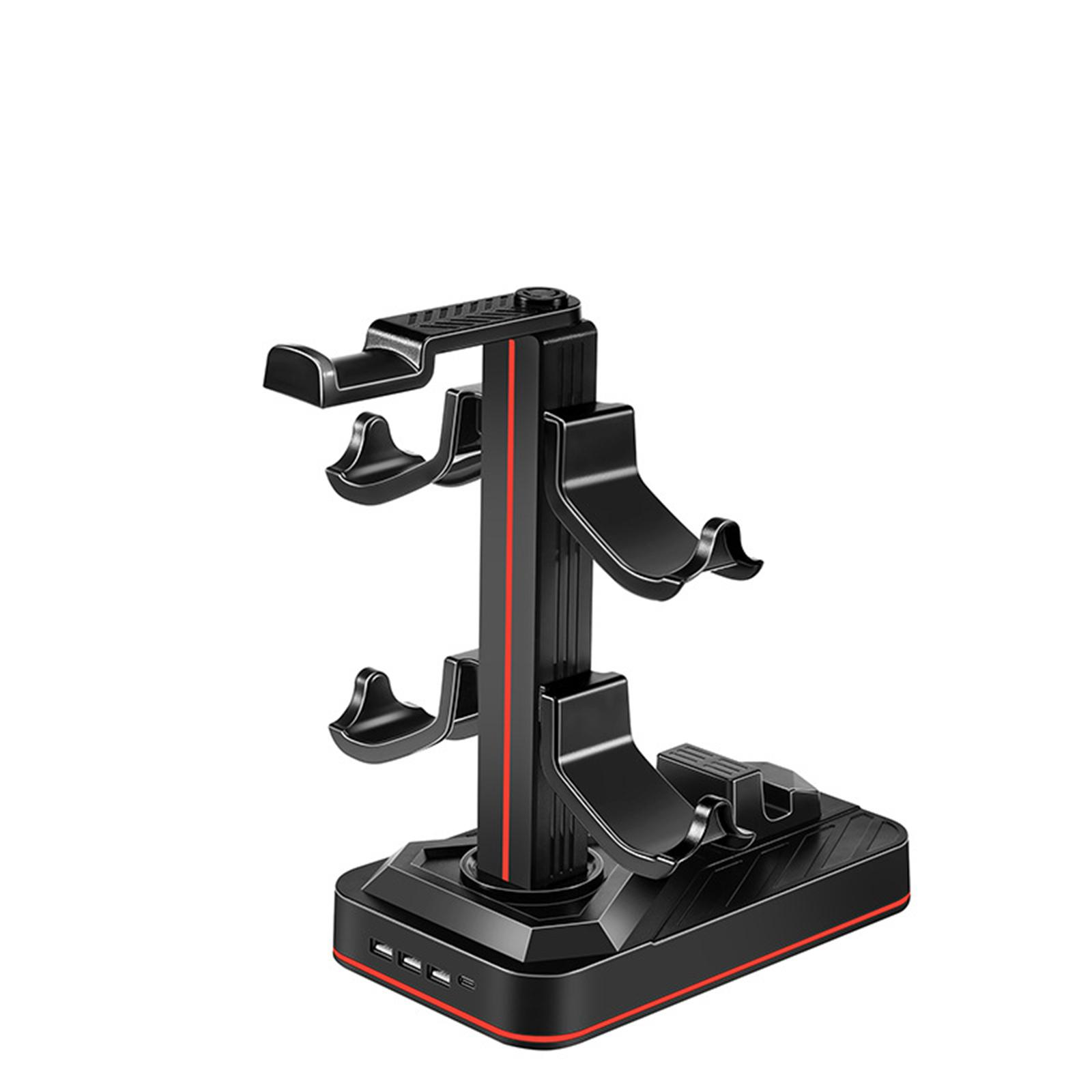 Ein schwarzer Gamecontroller-Ständer mit rotem Streifen. Er ist leer.