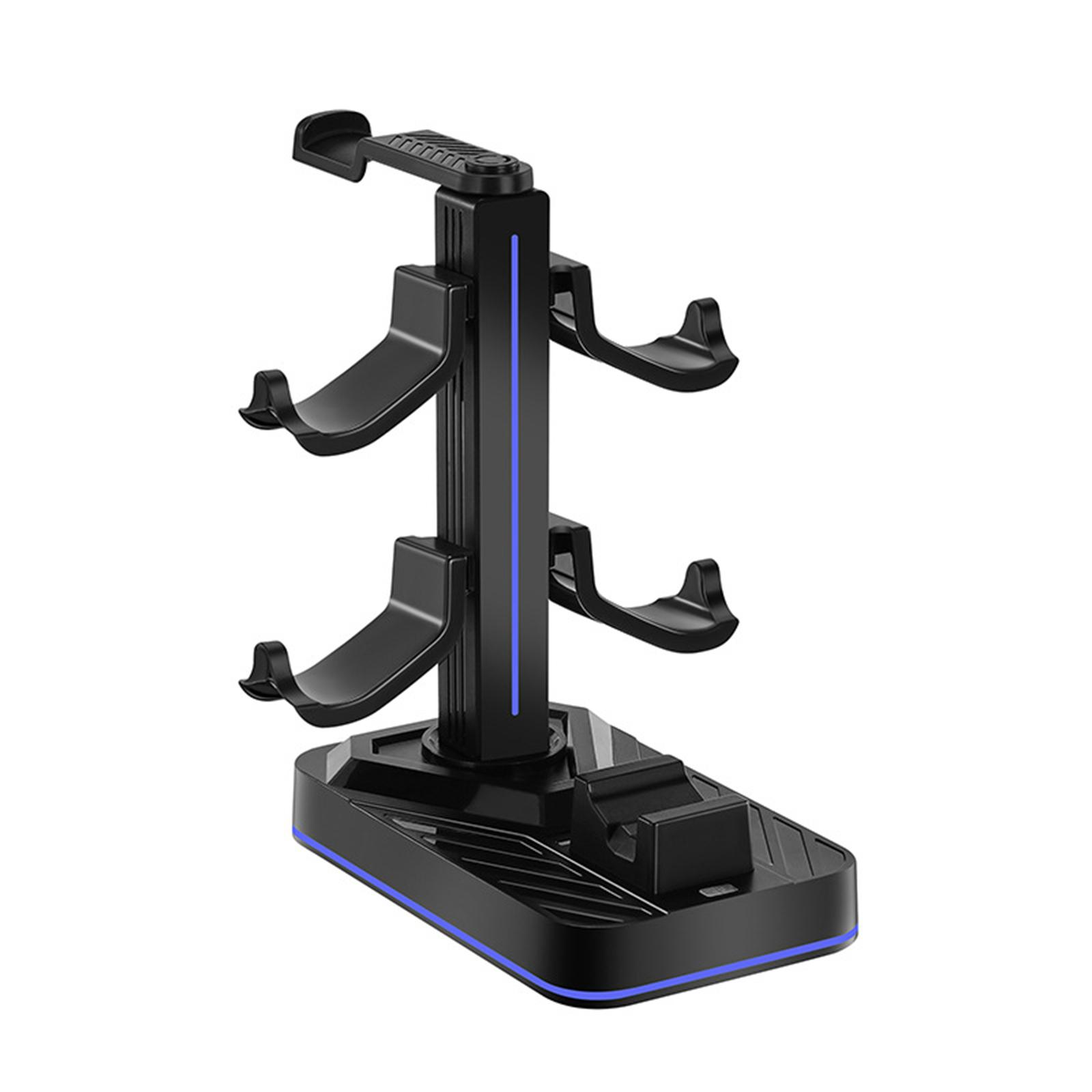 Schwarzer Ständer mit blauen LED-Leuchten. Es hat Platz für Controller und ein Headset.