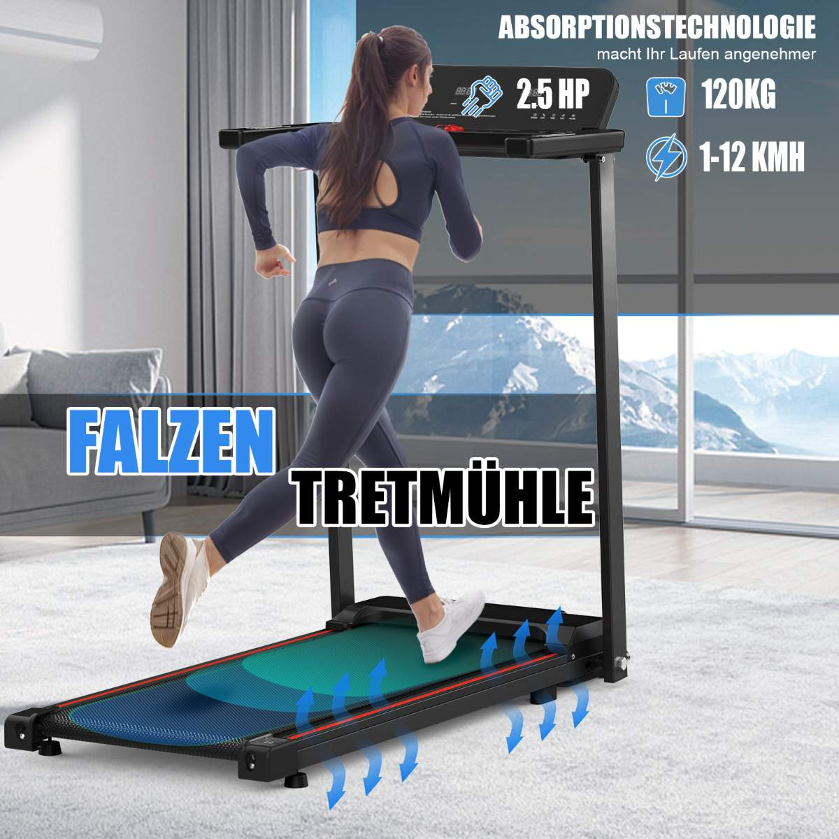 Frau läuft auf einem Laufband. Text beinhaltet: Absorptionstechnologie, 120 kg, 1-12 km/h und FALZEN TRETMUHLE.