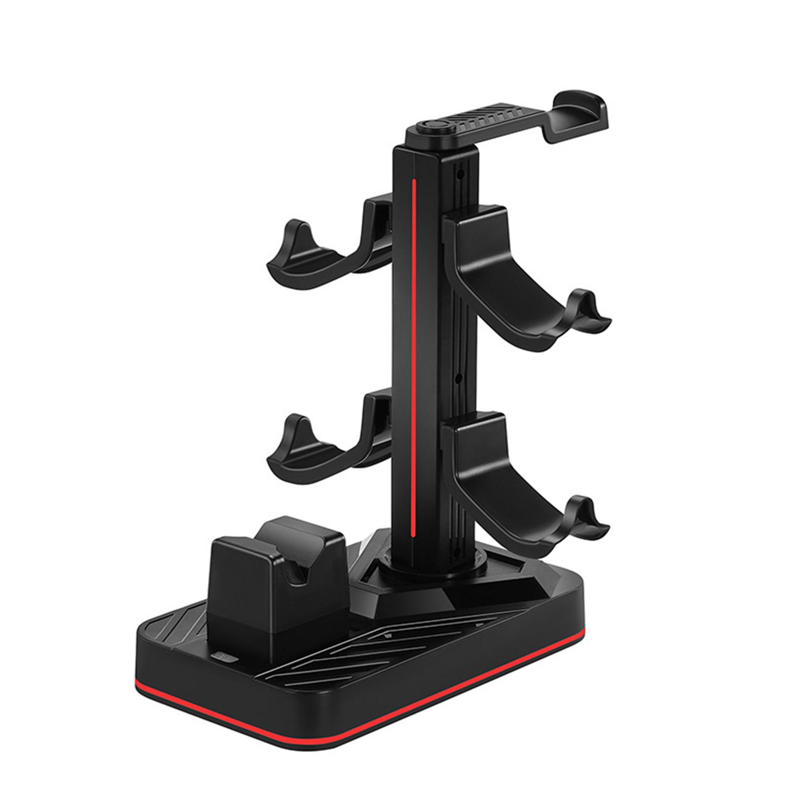 Ein schwarzer Gamecontroller-Ständer mit rotem Streifen. Er ist leer.