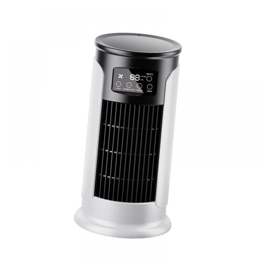 Weißer und schwarzer Turmventilator. Es hat ein digitales Display und mehrere Knöpfe auf der Vorderseite. Der Lüfter steht auf weißem Hintergrund.