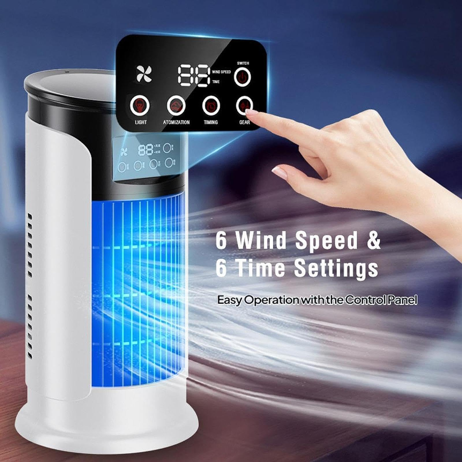 Weißer und schwarzer Turmventilator. Die Vorderseite zeigt ein digitales Display mit Einstellungen und die Hand einer Frau, die das Panel berührt.