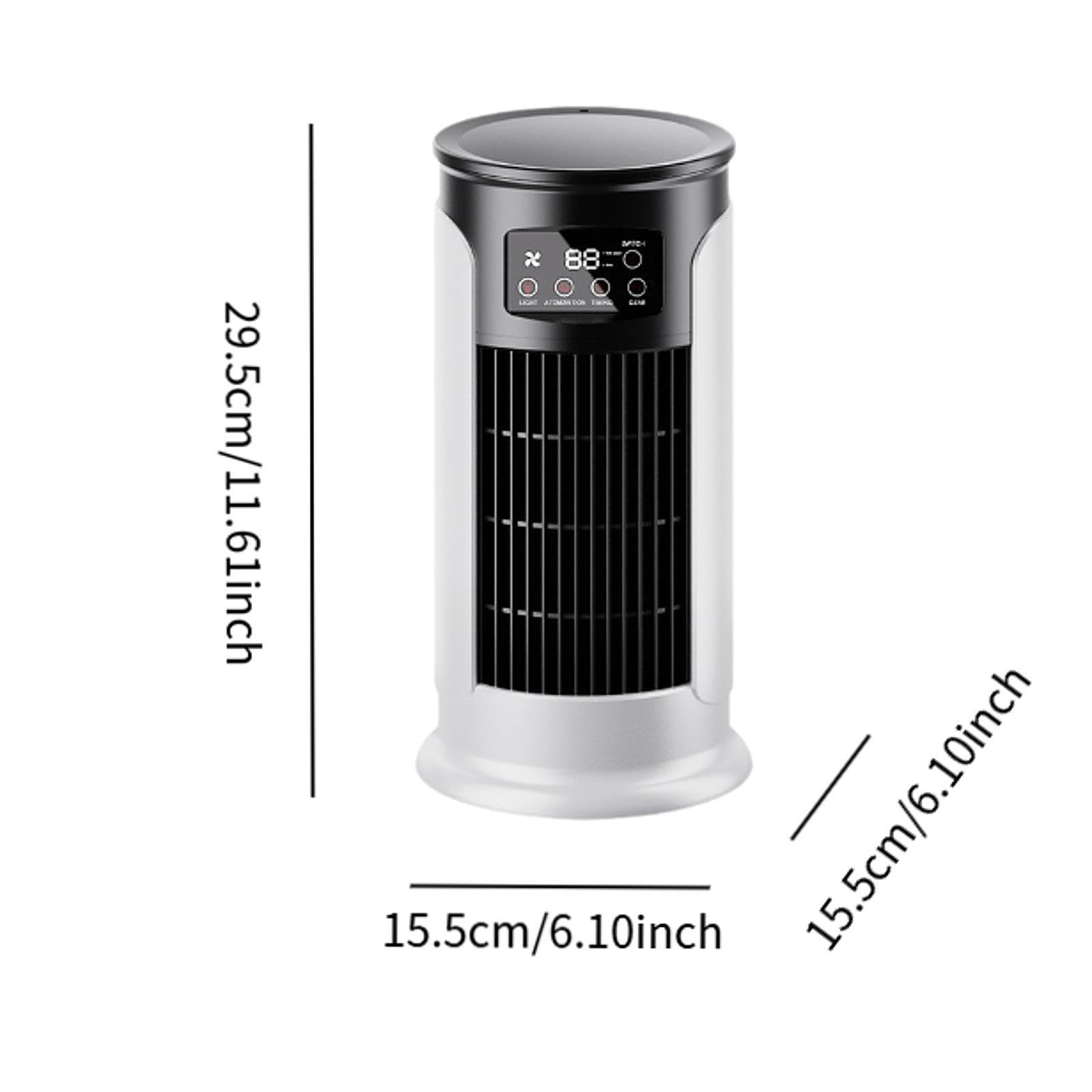 Weißer und schwarzer Turmventilator mit beschrifteten Abmessungen. Text: 29,5 cm/11,61 Zoll und 15,5 cm/6,10 Zoll.