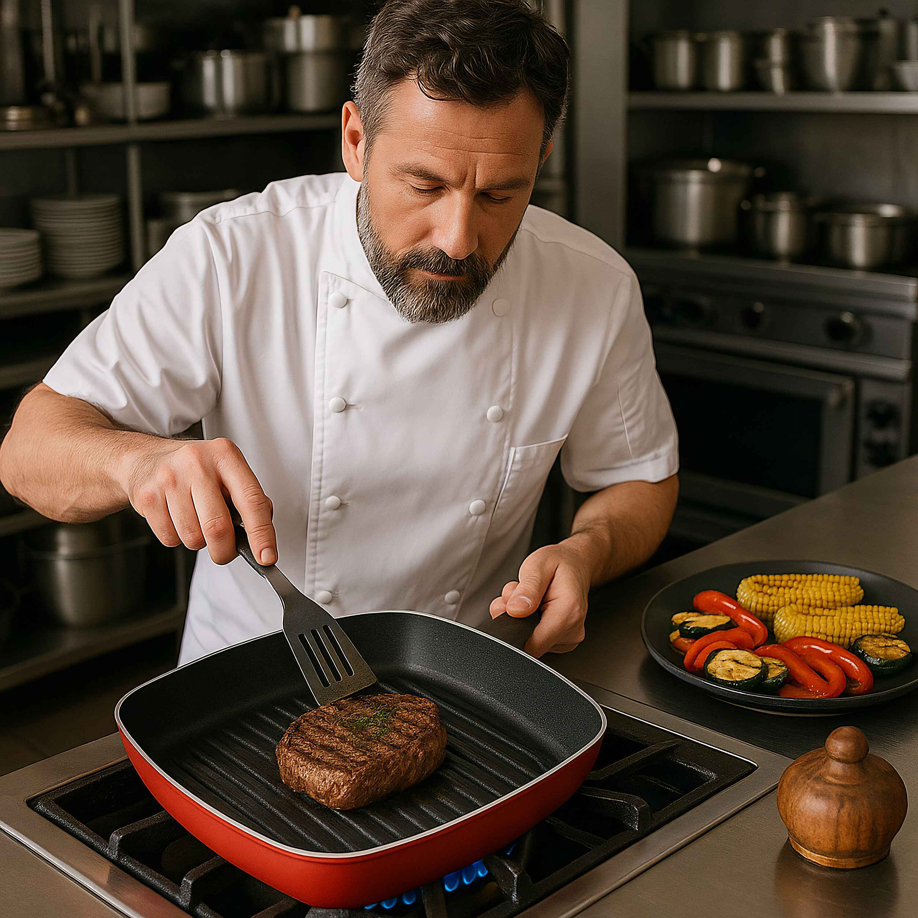 Koch brät Steak in roter quadratischer Pfanne. Gemüse auf Teller daneben. Blaue Flammen sichtbar.