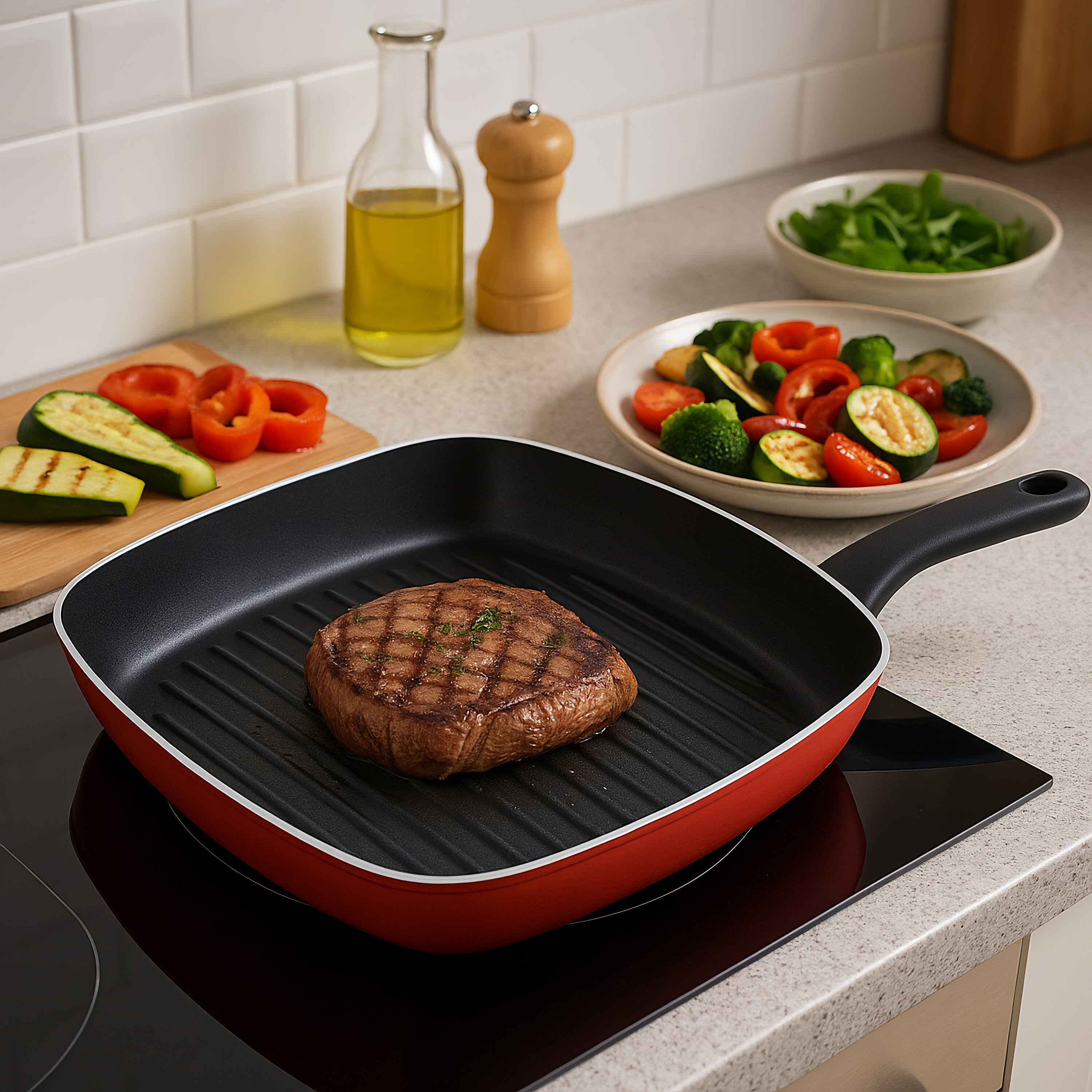 Steak in einer roten Grillpfanne mit Gemüse. Olivenölflasche, Pfeffermühle und Salat auf weißer Oberfläche.