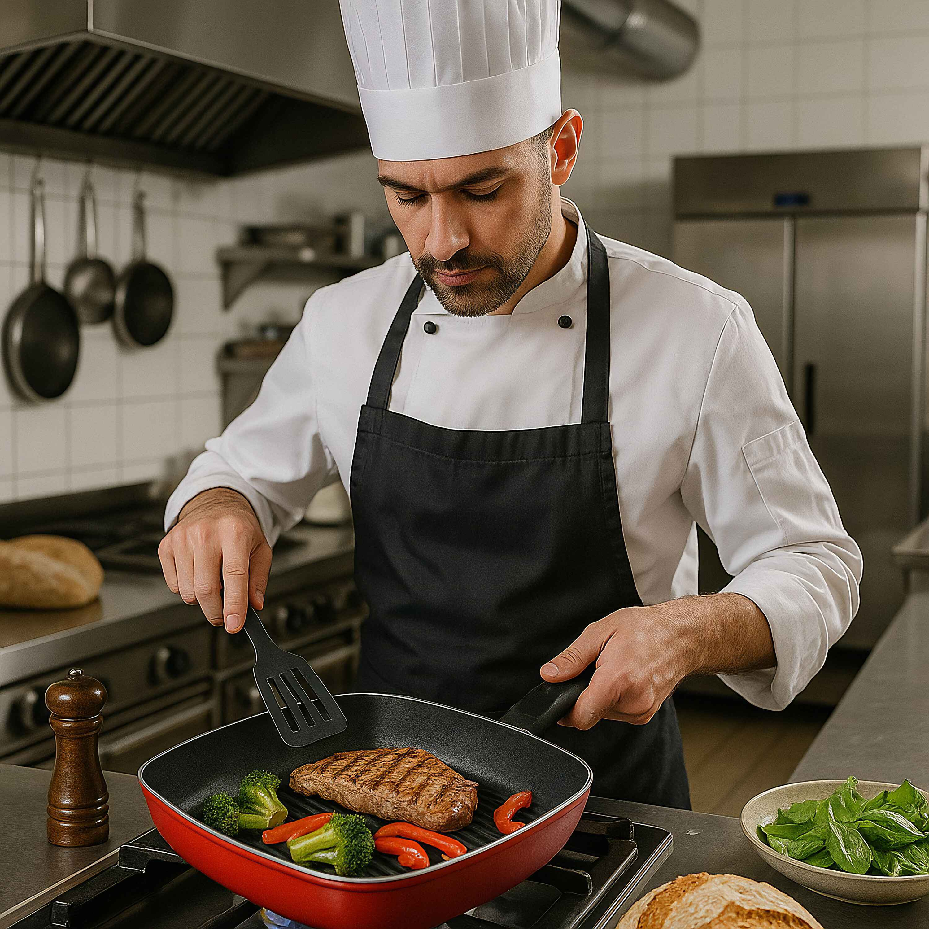 Koch in weißer Uniform brät Steak in einer roten Pfanne mit Gemüse. Küchenumgebung mit Utensilien.