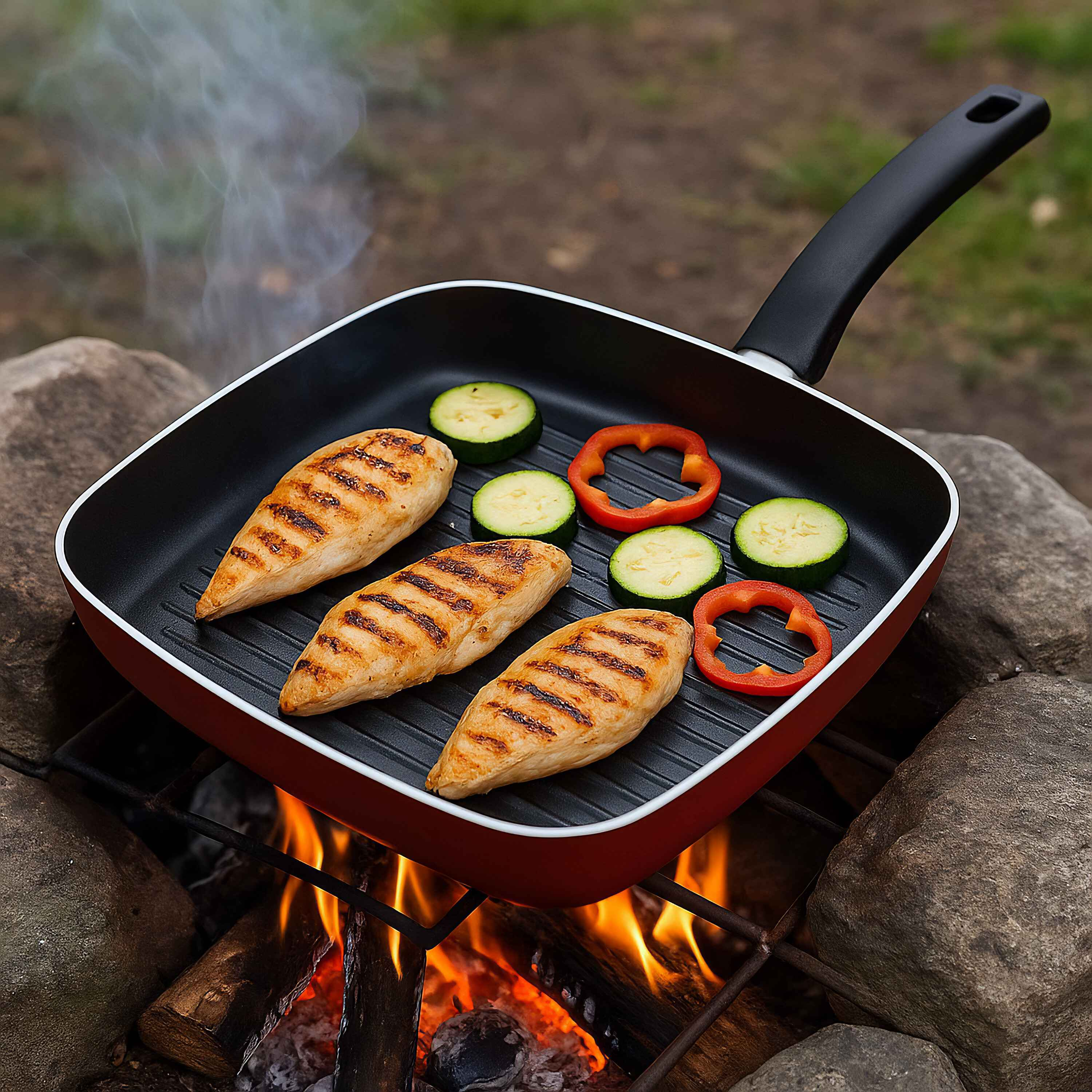 Gegrillte Hähnchenbrüste und Gemüse auf roter Grillpfanne über Feuerstelle. Umgebung im Freien.