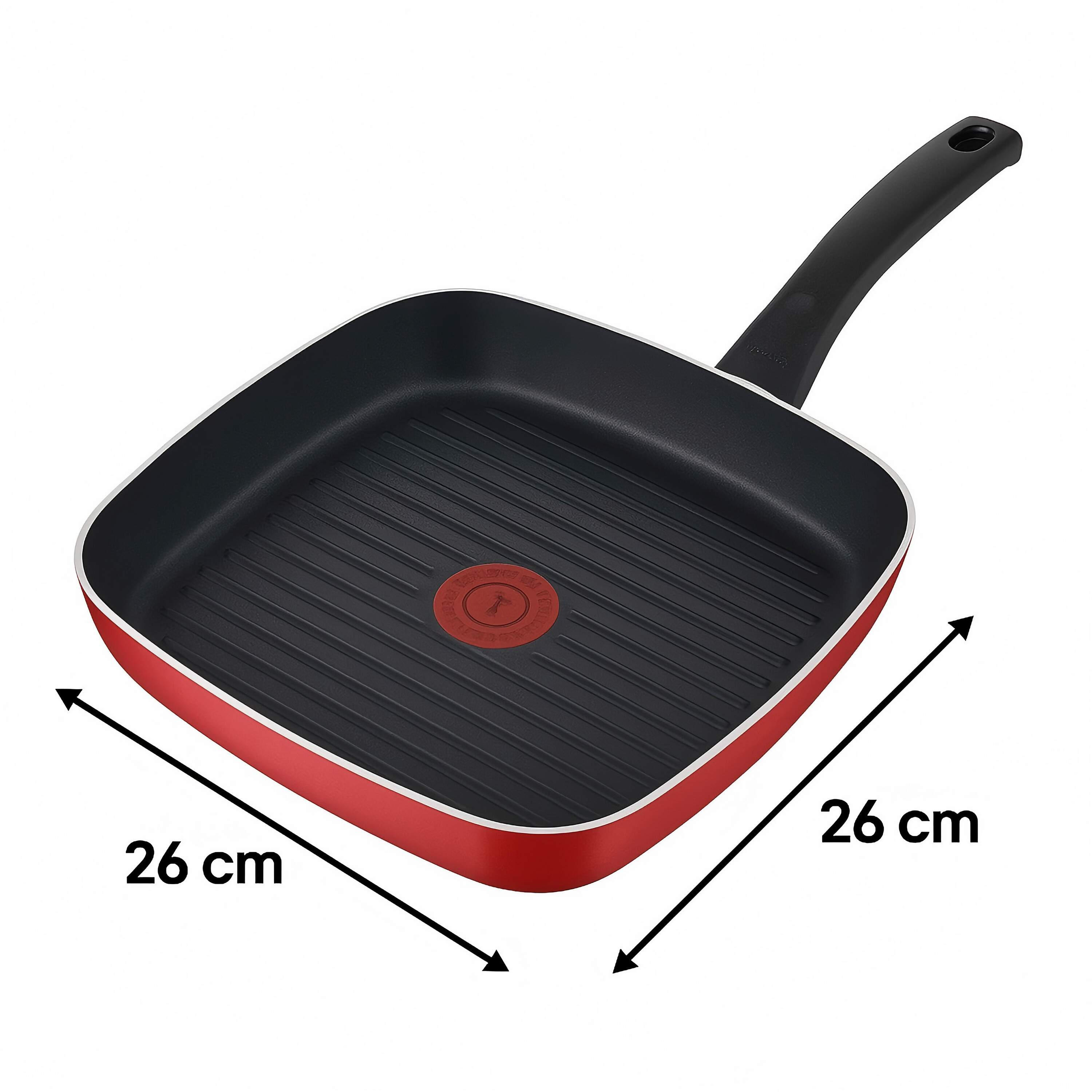 Rote quadratische Grillpfanne mit Beschriftung der Abmessungen. Schwarzer Griff und Logo. Weißer Hintergrund.