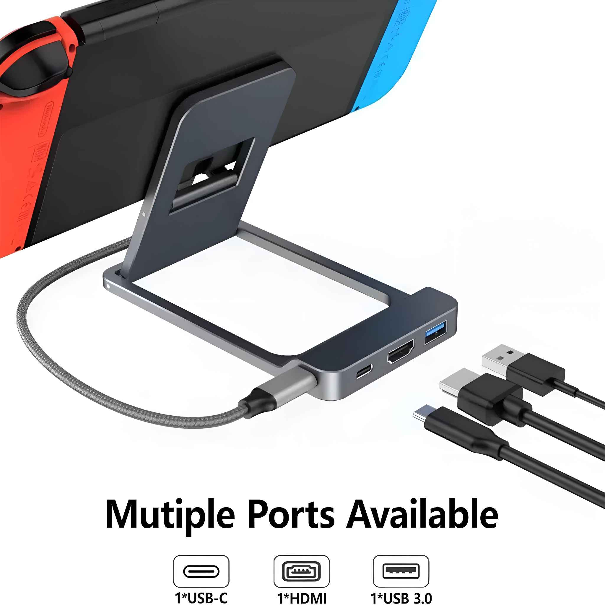Eine Nintendo Switch-Konsole mit Kabeln und Ständer angedockt, mehrere Anschlüsse verfügbar.