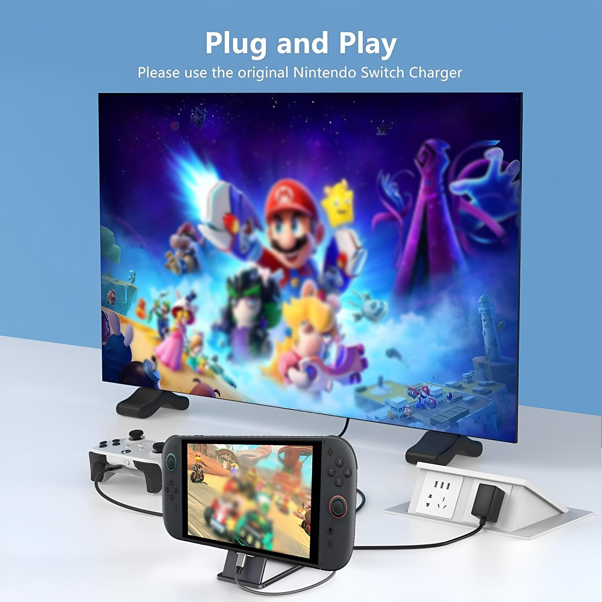 Eine Nintendo Switch-Konsole, die mit einem Fernseher verbunden ist, mit Charakteren auf dem Bildschirm und Text.