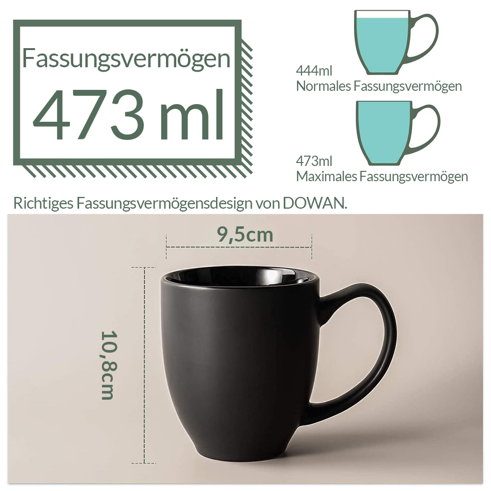 Una tazza nera con dimensioni e informazioni sulla capacità, con un diagramma e testo.
