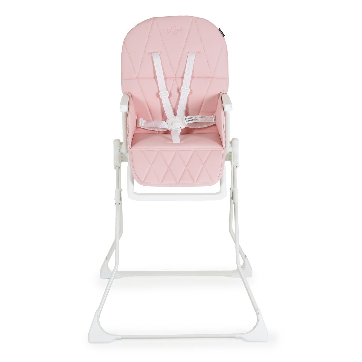 Ein rosa Babyhochstuhl mit weißen Gurten. Der Stuhl steht aufrecht, bereit zur Benutzung.